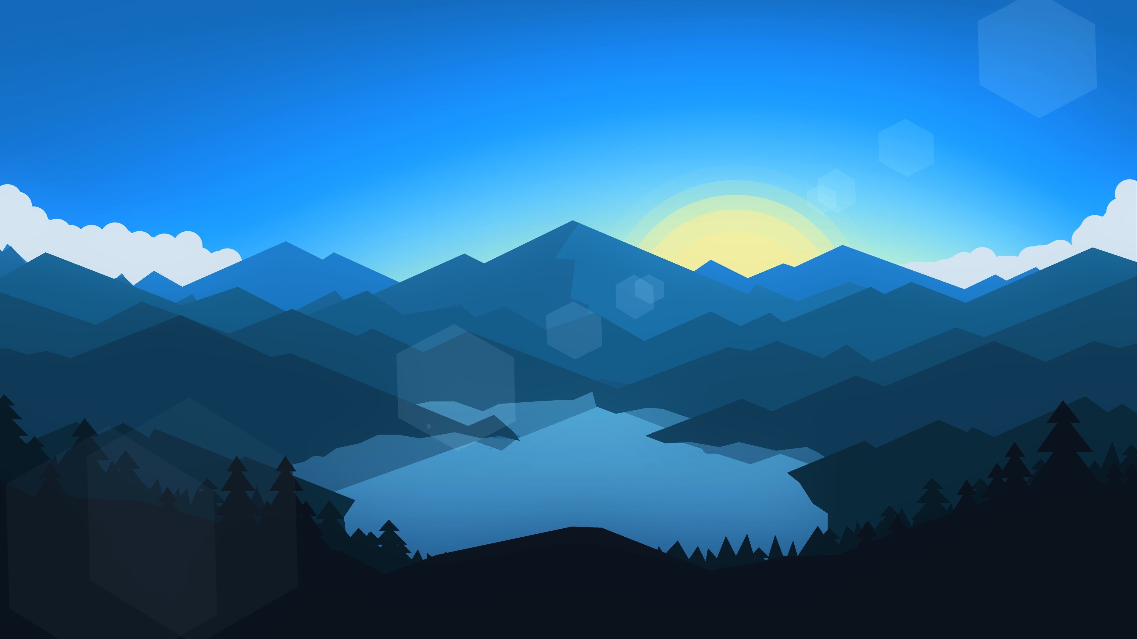 Blue layered mountains, Forest lake at sunrise, Cool blue palette — 3840×2160 HD wallpaper