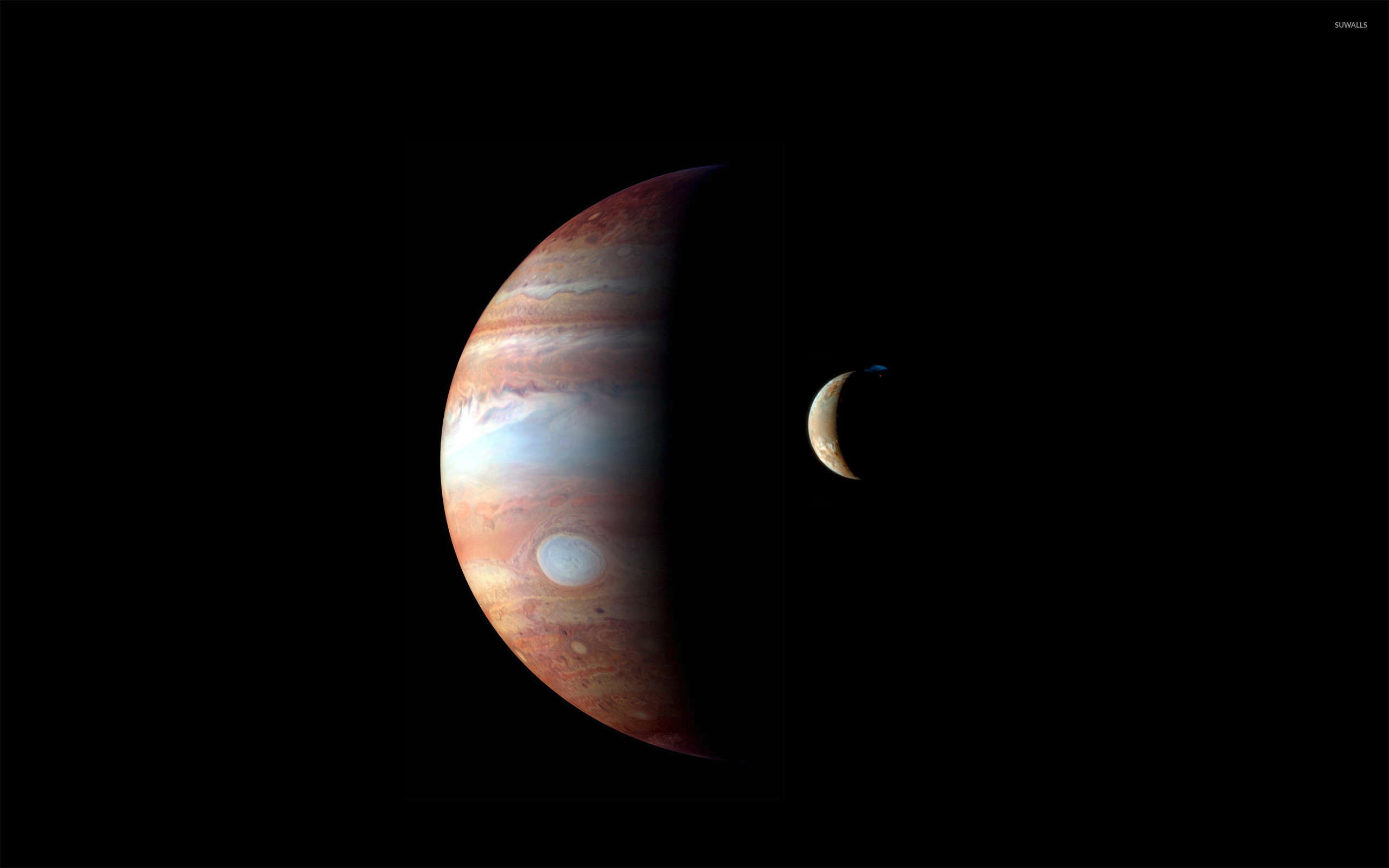 Jupiter planet, Io moon crescent, Black space void — 2560×1600 HD wallpaper