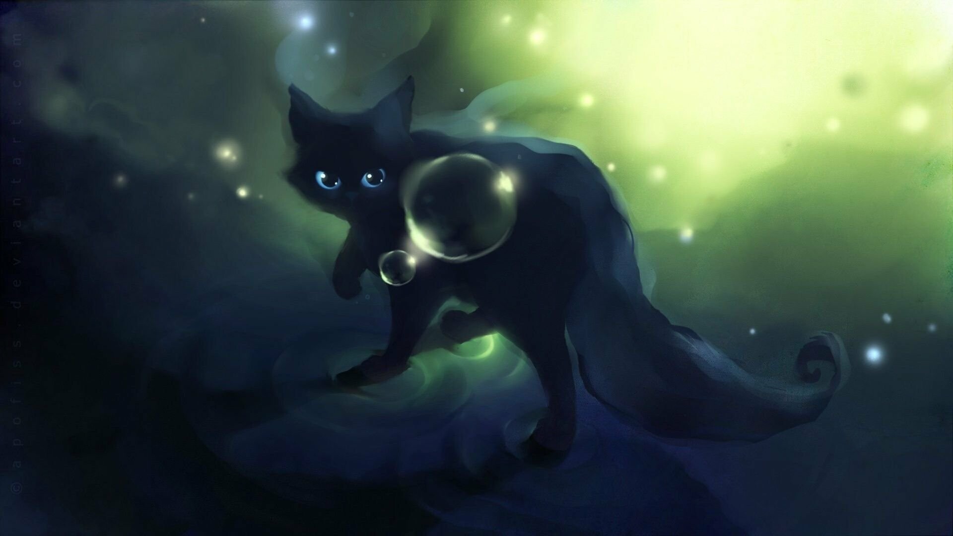 Black cat digital painting, Glowing orb, Green glow, Firefly lights Black cat digital painting, Glowing orb, Green glow, Firefly lights — 1920×1080 HD wallpaper