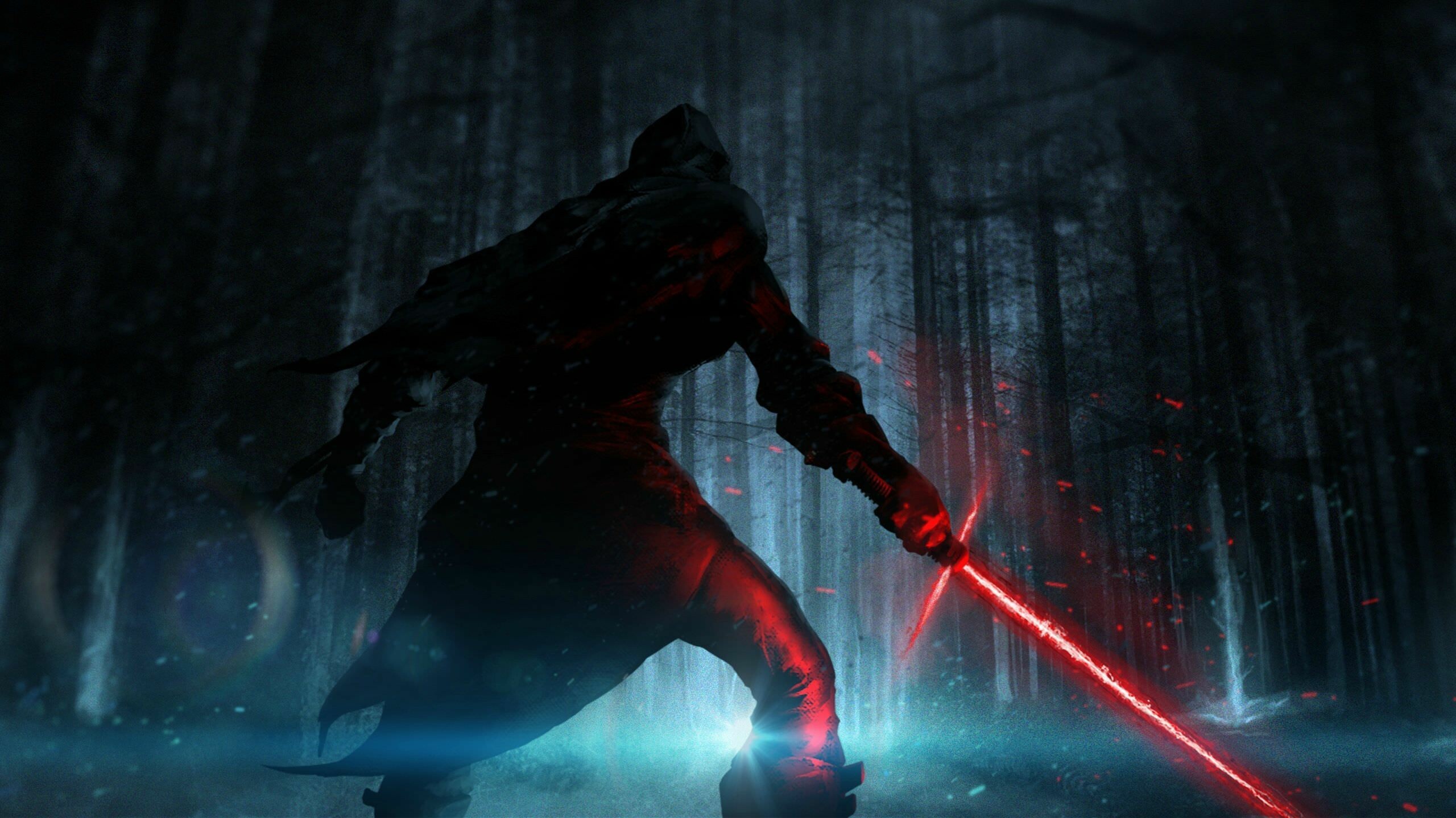 Kylo Ren, First Order, The Force Awakens, Red crossguard lightsaber, Dark snowy forest, Starkiller Base Kylo Ren, First Order, The Force Awakens, Red crossguard lightsaber, Dark snowy forest, Starkiller Base — 2560×1440 HD wallpaper