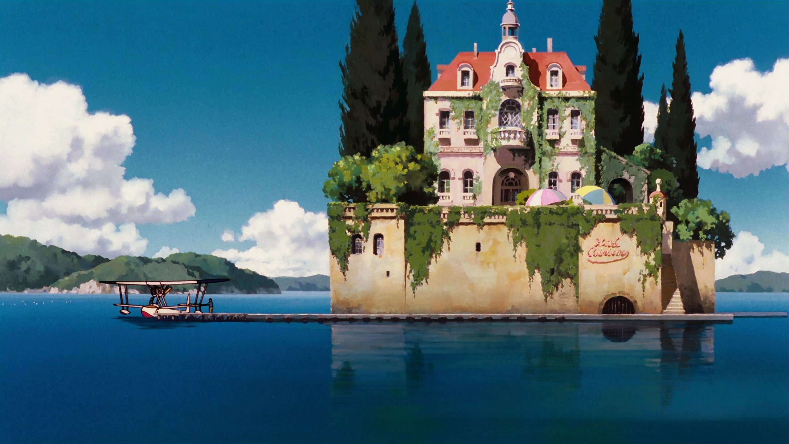 Red seaplane, Porco Rosso (1992), Hayao Miyazaki, Hotel Adriano Red seaplane, Porco Rosso (1992), Hayao Miyazaki, Hotel Adriano — 2560×1440 HD wallpaper