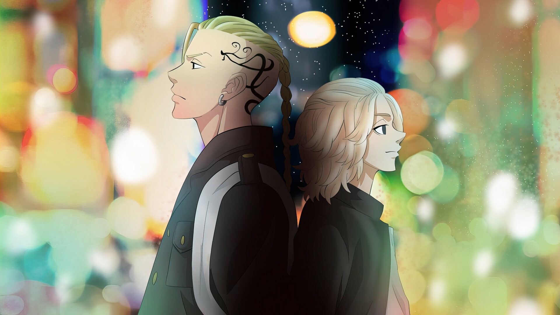Draken and Mikey, Back-to-back pose, Bokeh city lights Draken and Mikey, Back-to-back pose, Bokeh city lights — 1920×1080 HD wallpaper