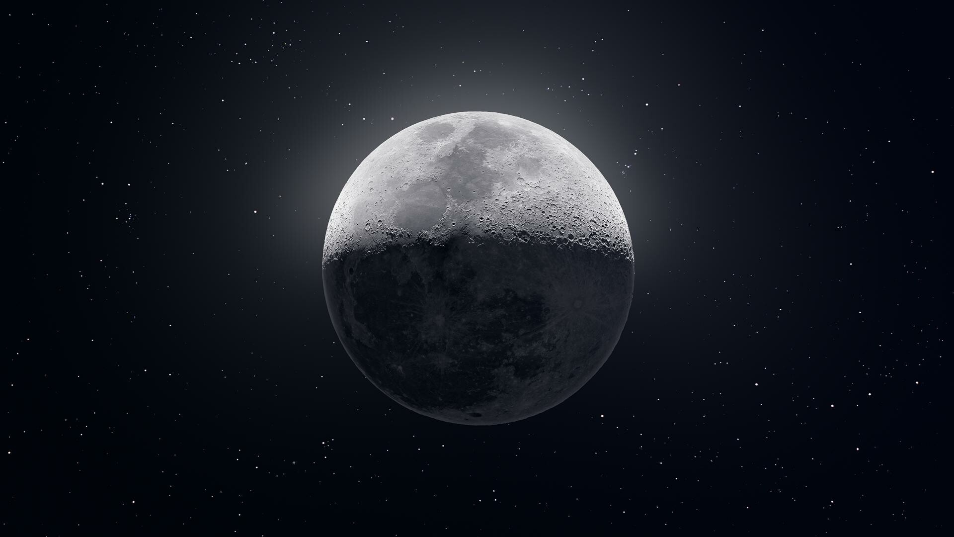 Waxing crescent moon, Cratered lunar surface, Starry black sky — 1920×1080 HD wallpaper