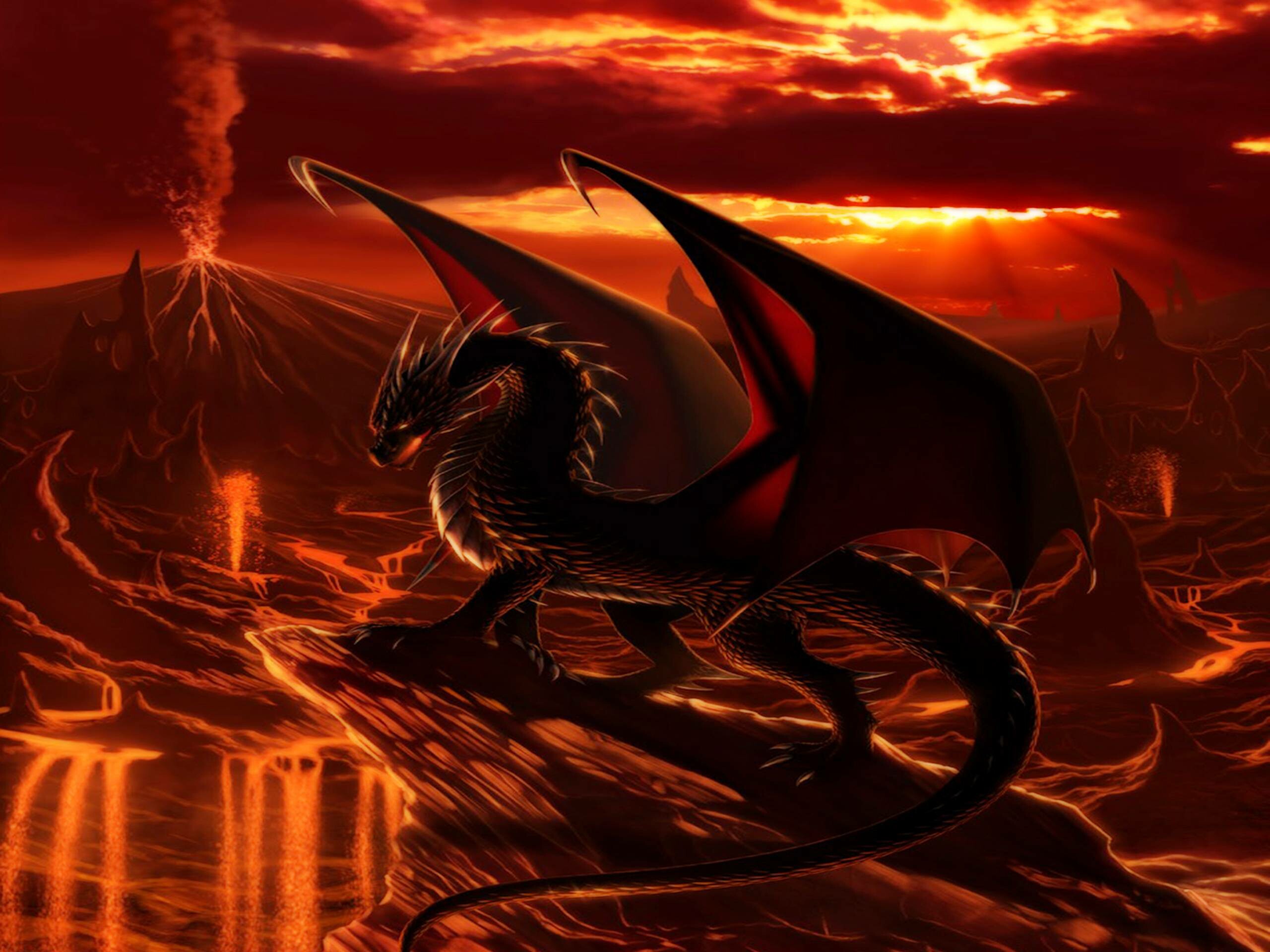 Black red-winged dragon, Erupting volcano lava river, Fiery red sunset sky Black red-winged dragon, Erupting volcano lava river, Fiery red sunset sky — 2560×1920 HD wallpaper
