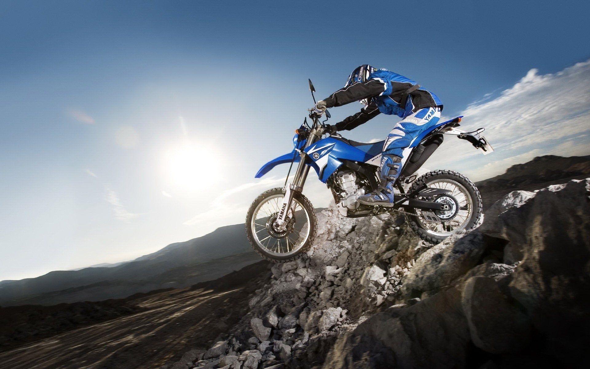 Yamaha WR250R, Blue motocross rider, Rocky mountain descent Yamaha WR250R, Blue motocross rider, Rocky mountain descent — 1920×1200 HD wallpaper