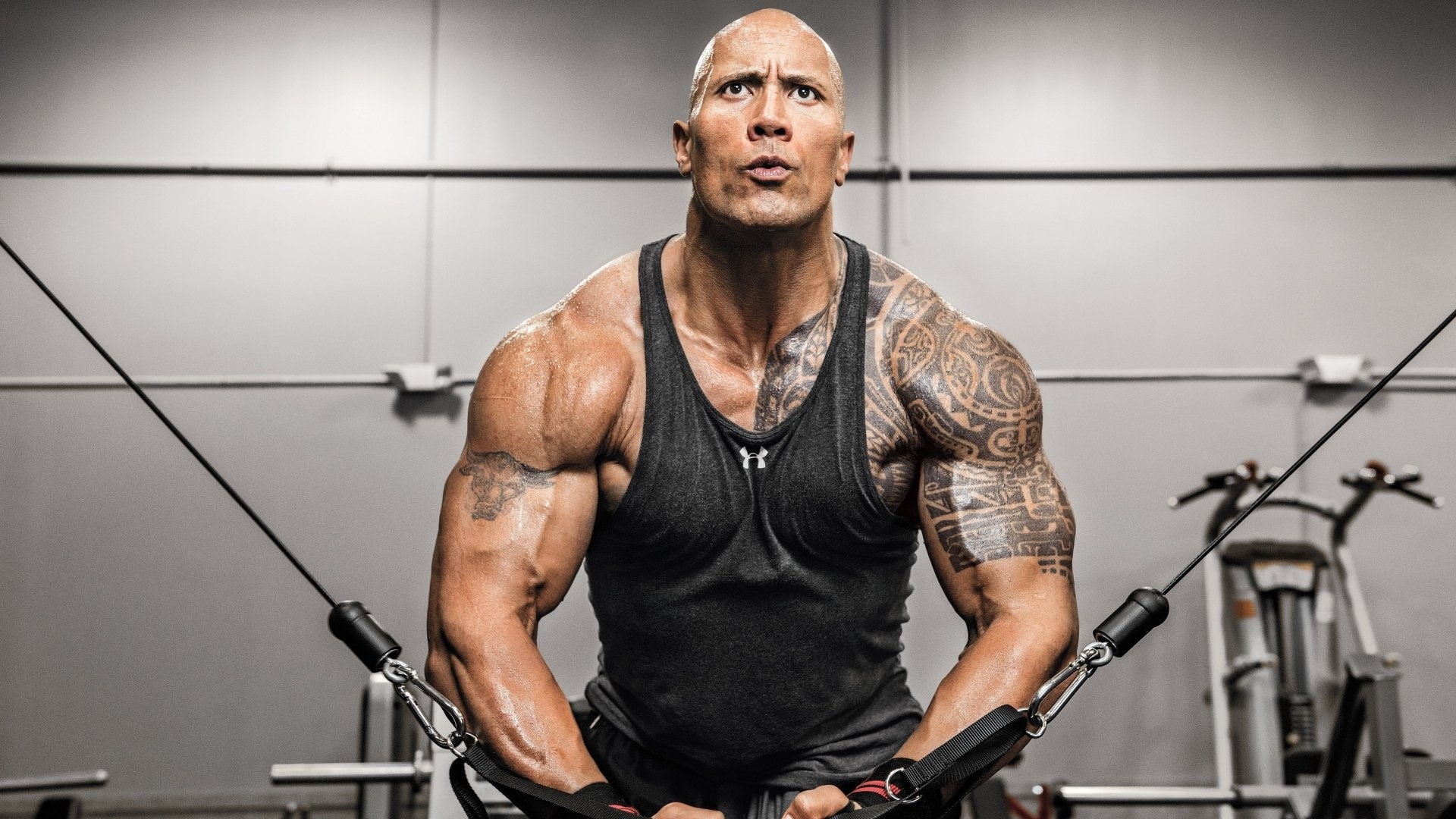Dwayne Johnson, Cable crossover machine, Polynesian shoulder tattoo Dwayne Johnson, Cable crossover machine, Polynesian shoulder tattoo — 1920×1080 HD wallpaper