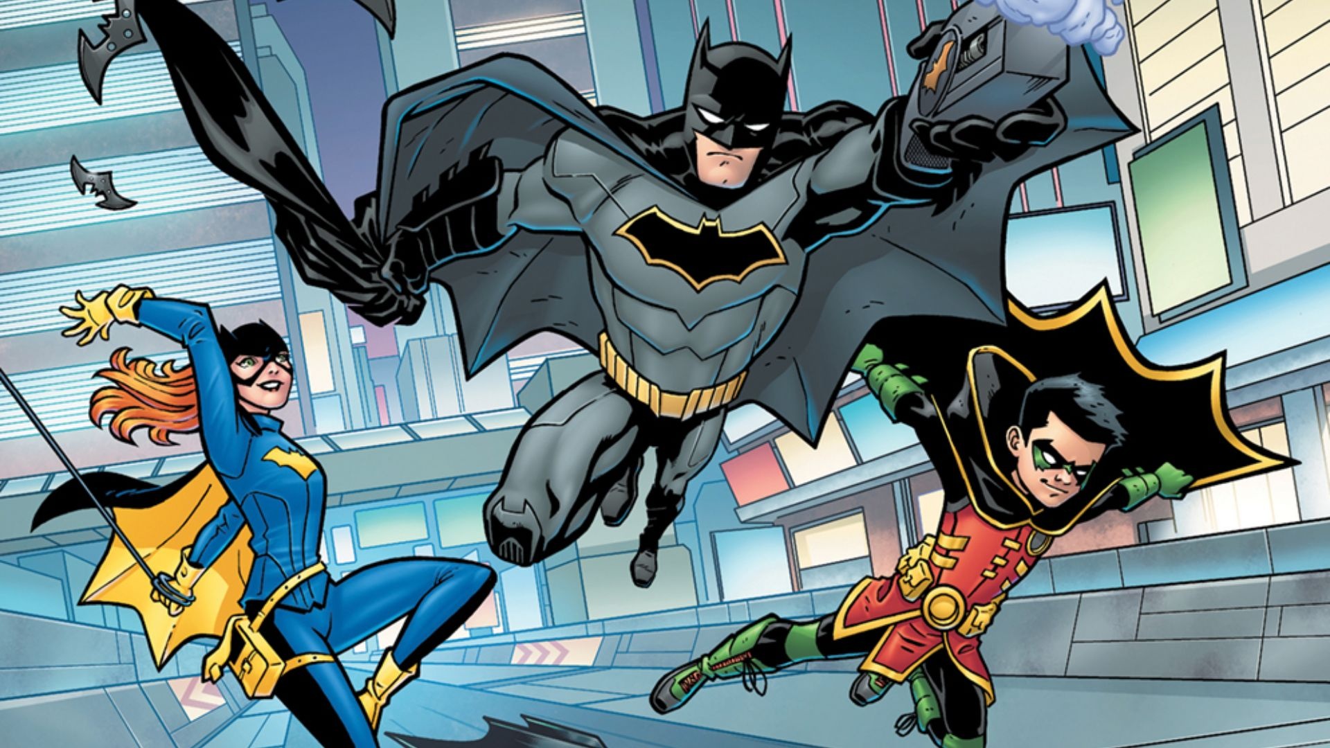 Batman, Batgirl, Robin Damian Wayne, Gotham City skyscrapers Batman, Batgirl, Robin Damian Wayne, Gotham City skyscrapers — 1920×1080 HD wallpaper