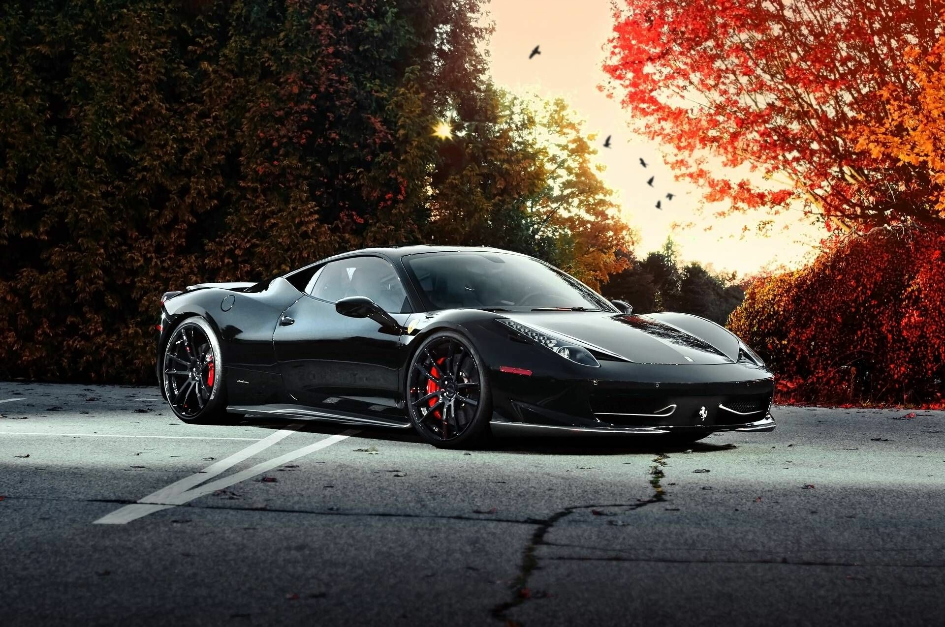 Black Ferrari 458 Italia, Red brake calipers, Autumn trees backdrop Black Ferrari 458 Italia, Red brake calipers, Autumn trees backdrop — 1920×1275 HD wallpaper