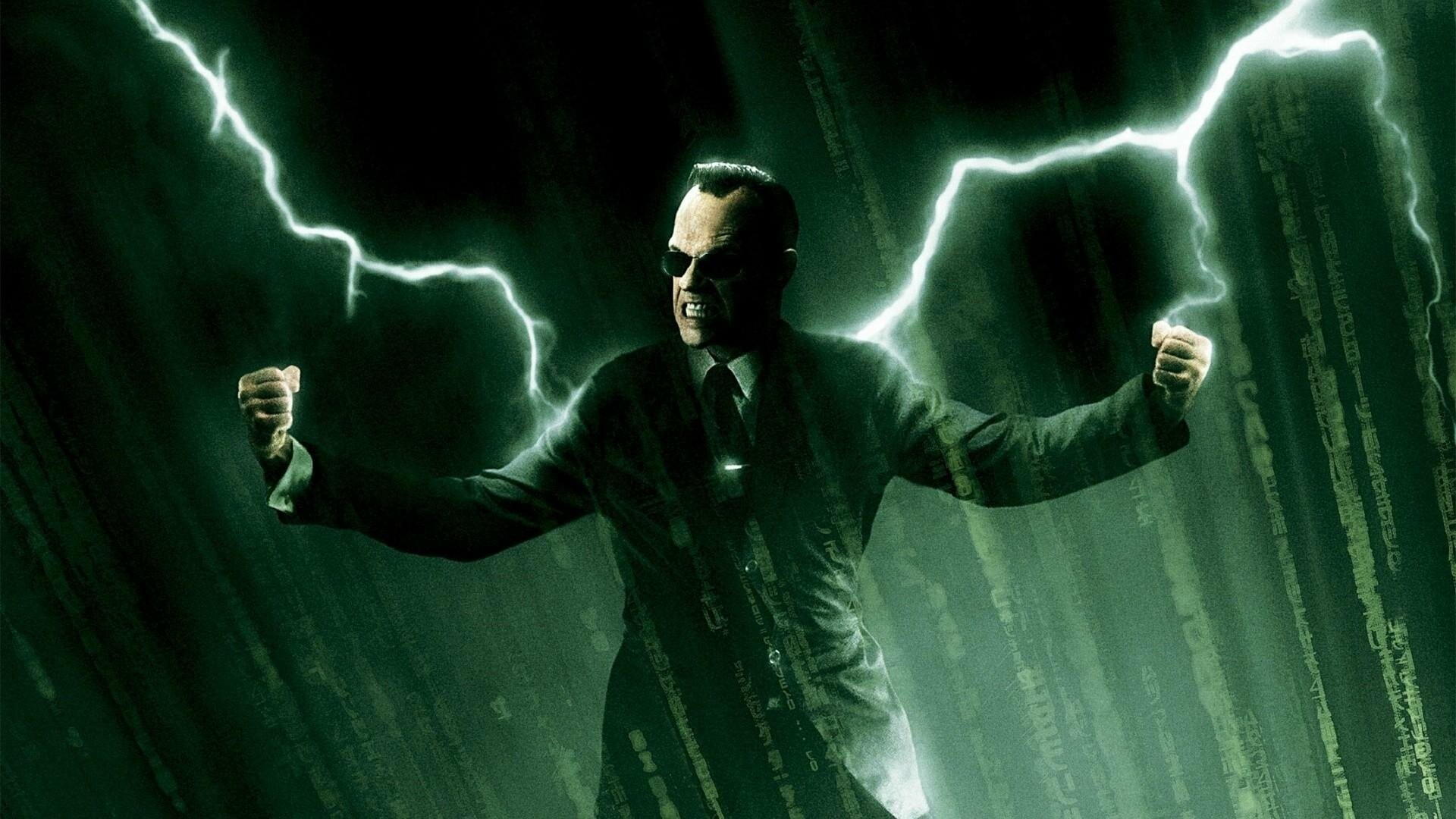Agent Smith, Green code rain, Lightning bolts Agent Smith, Green code rain, Lightning bolts — 1920×1080 HD wallpaper