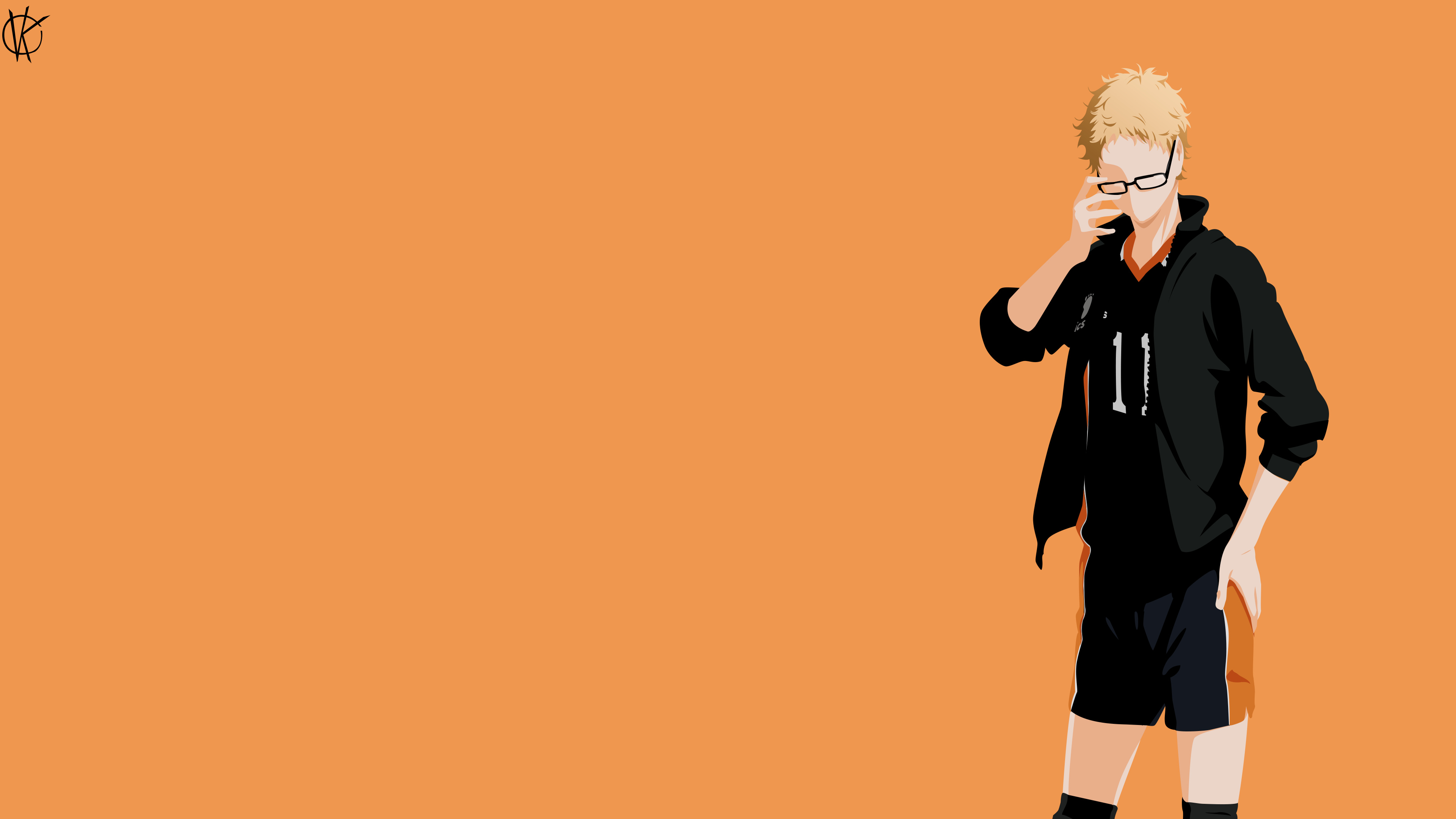 Tsukishima Kei, Karasuno track jacket, Orange backdrop Tsukishima Kei, Karasuno track jacket, Orange backdrop — 3840×2160 HD wallpaper