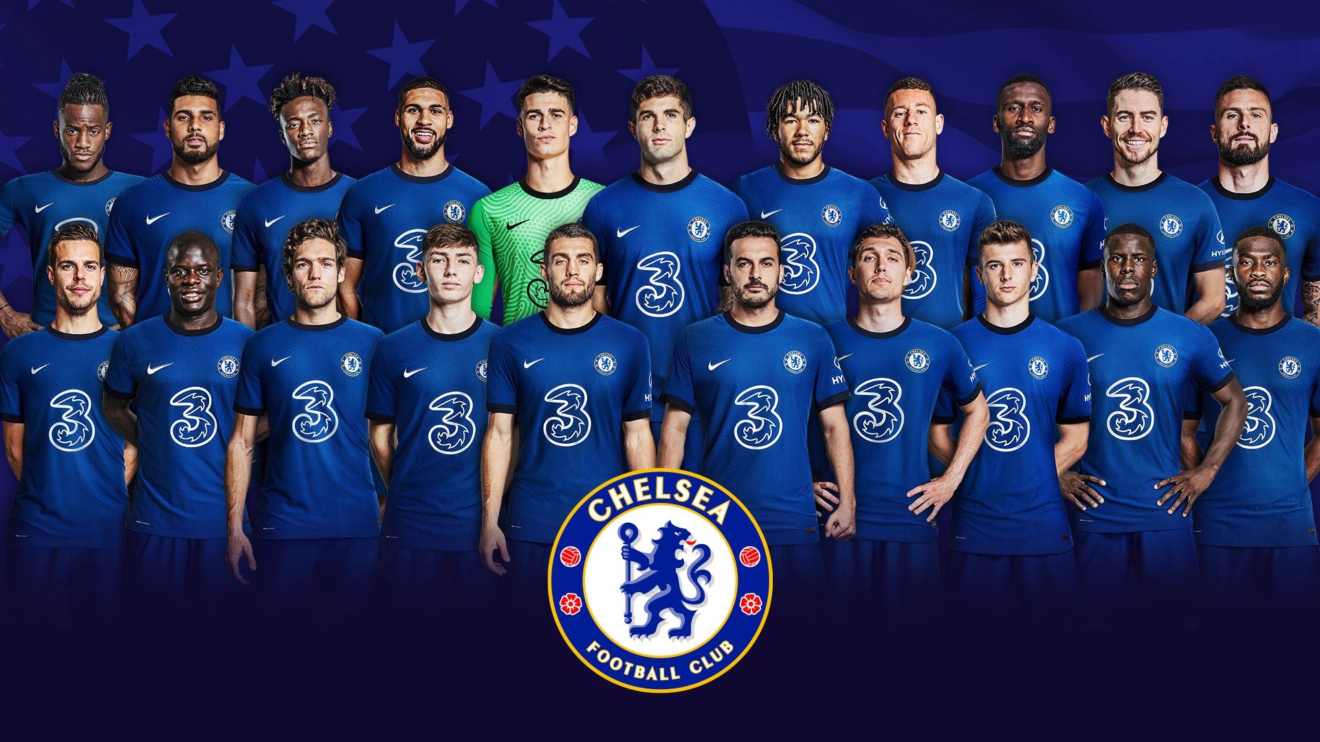 Chelsea squad team photo, Nike Three home kit, US flag backdrop, Royal blue Chelsea squad team photo, Nike Three home kit, US flag backdrop, Royal blue — 1920×1080 HD wallpaper