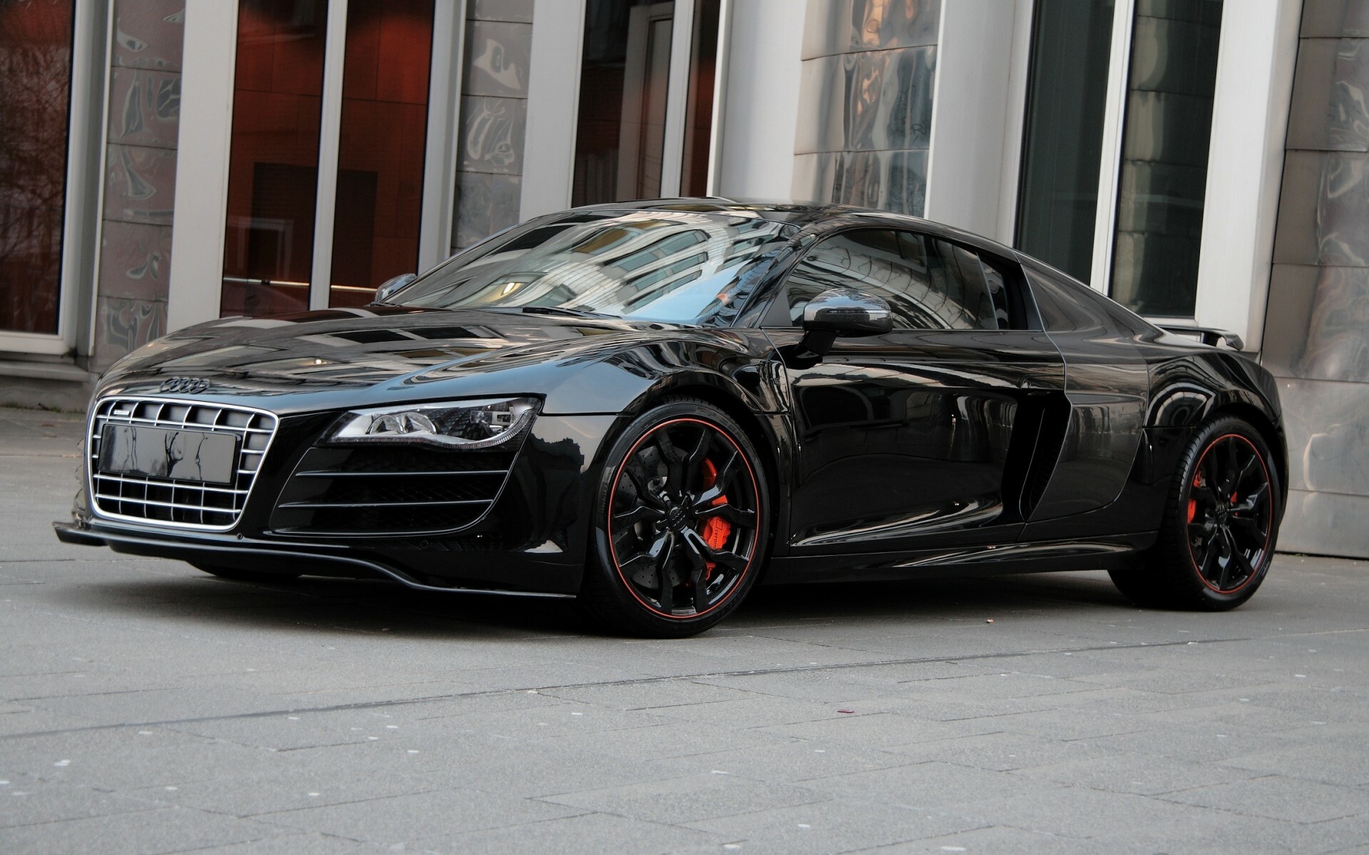 Black Audi R8 V10, Red-accent black wheels, Chrome front grille Black Audi R8 V10, Red-accent black wheels, Chrome front grille — 1920×1200 HD wallpaper