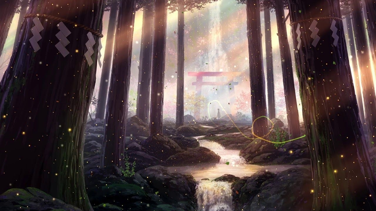 Red torii gate, Shimenawa shrine trees, Forest stream waterfall, Cherry blossom fireflies Red torii gate, Shimenawa shrine trees, Forest stream waterfall, Cherry blossom fireflies — 1280×720 HD wallpaper