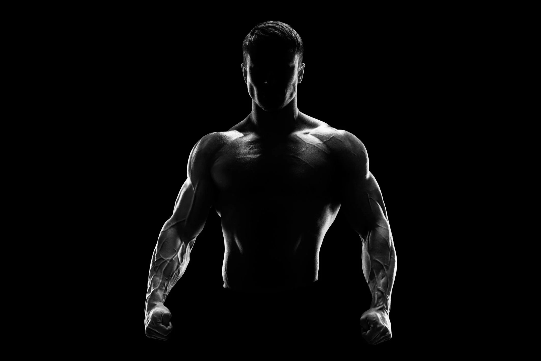 Shirtless bodybuilder silhouette, Flexed arms and chest, Low-key black lighting Shirtless bodybuilder silhouette, Flexed arms and chest, Low-key black lighting — 2124×1416 HD wallpaper