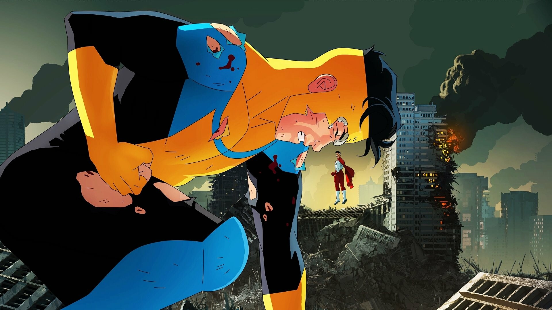 Invincible punching Omni-Man, Atom Eve red cape, Burning city ruins Invincible punching Omni-Man, Atom Eve red cape, Burning city ruins — 1920×1080 HD wallpaper