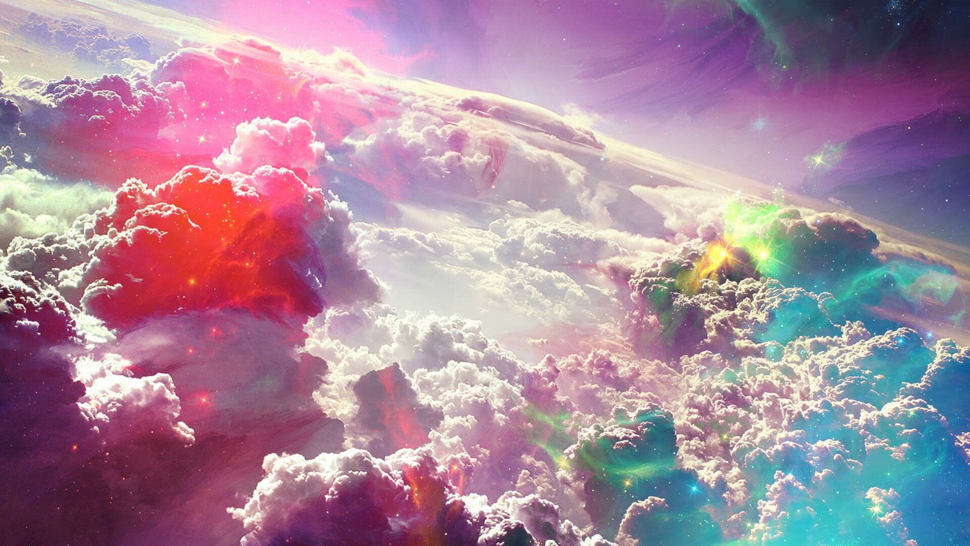 Rainbow cumulus clouds, Cosmic nebula sky, Fantasy pink horizon Rainbow cumulus clouds, Cosmic nebula sky, Fantasy pink horizon — 1920×1080 HD wallpaper