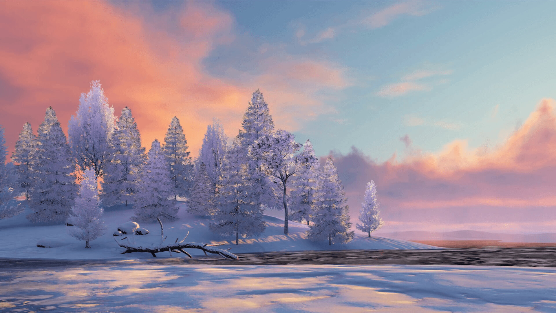 Snow-covered pine trees, Frozen lake shore, Pink sunset clouds Snow-covered pine trees, Frozen lake shore, Pink sunset clouds — 1920×1080 HD wallpaper