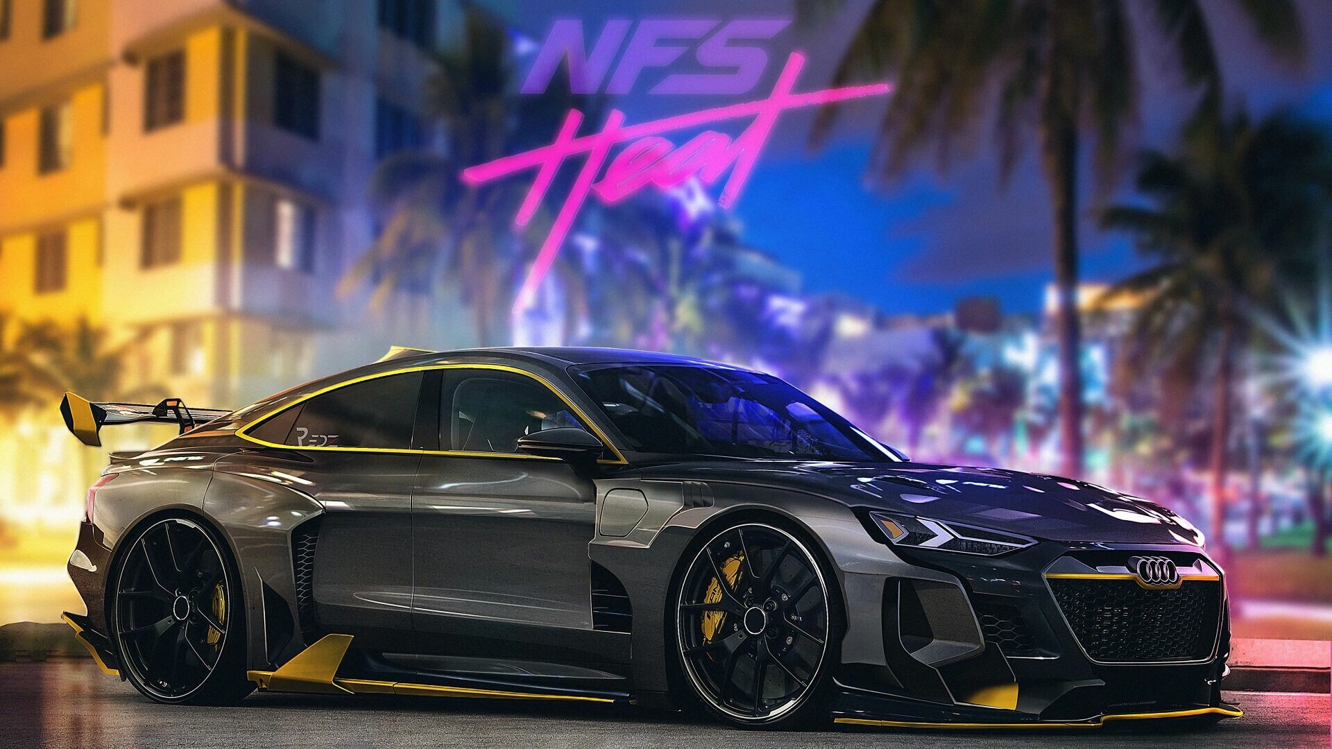 Audi e-tron GT, NFS Heat (2019) render, Neon night palms Audi e-tron GT, NFS Heat (2019) render, Neon night palms — 1920×1080 HD wallpaper