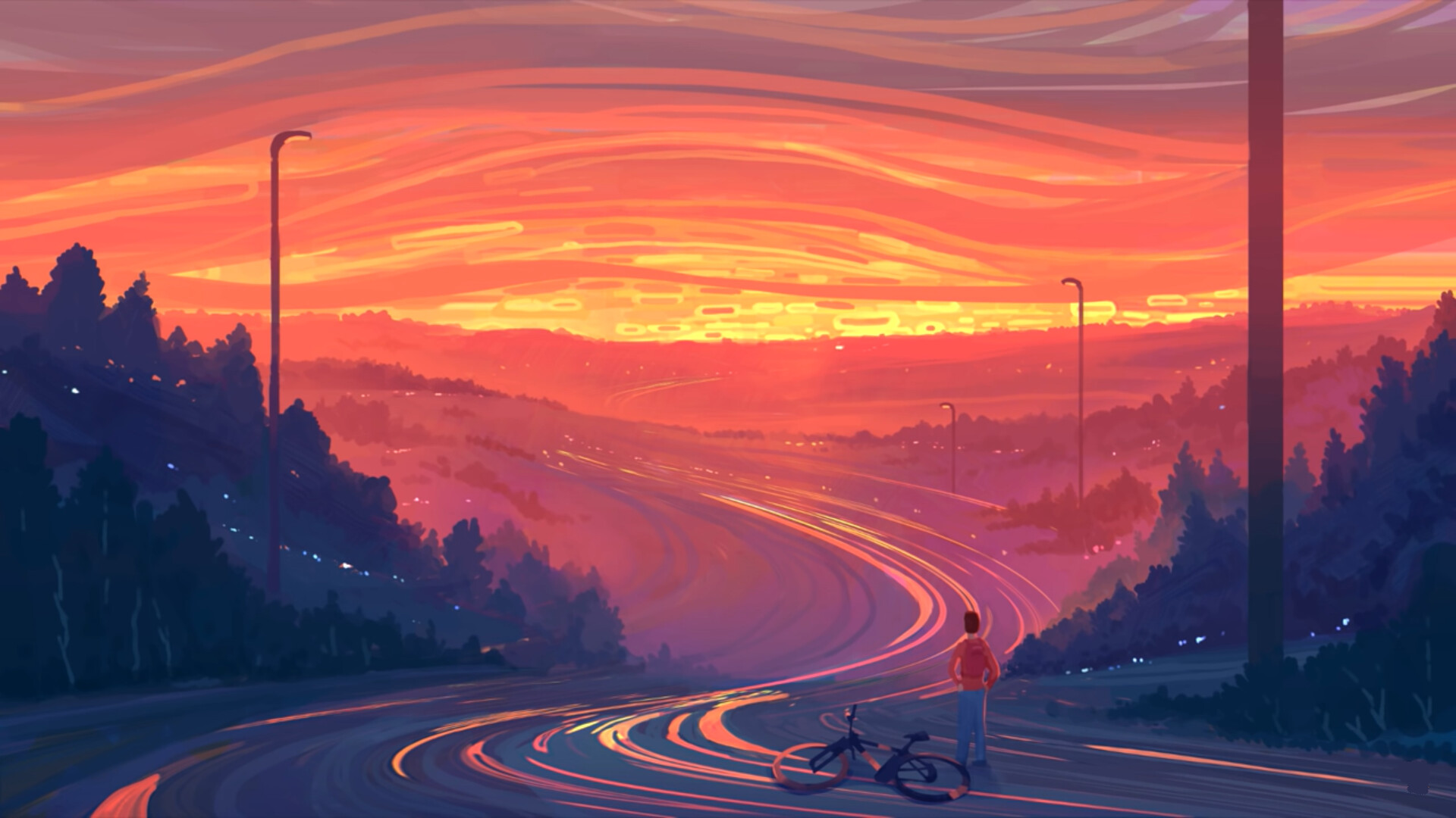 Cyclist on winding road, Swirling orange sunset sky, Forested hillside silhouette Cyclist on winding road, Swirling orange sunset sky, Forested hillside silhouette — 1920×1080 HD wallpaper