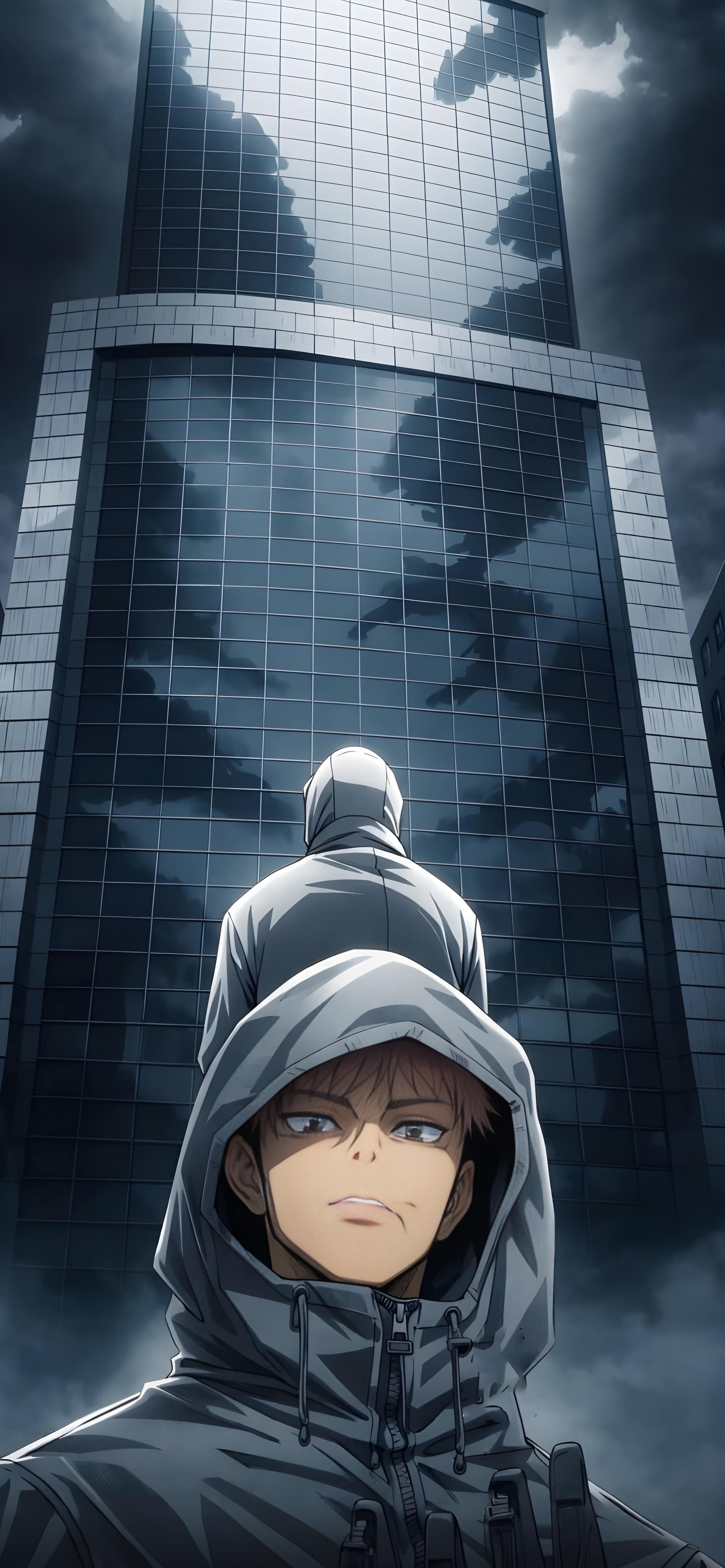 Yuji Itadori Dark Skyscraper Hooded 4K Wallpaper — 2048×4428 HD wallpaper
