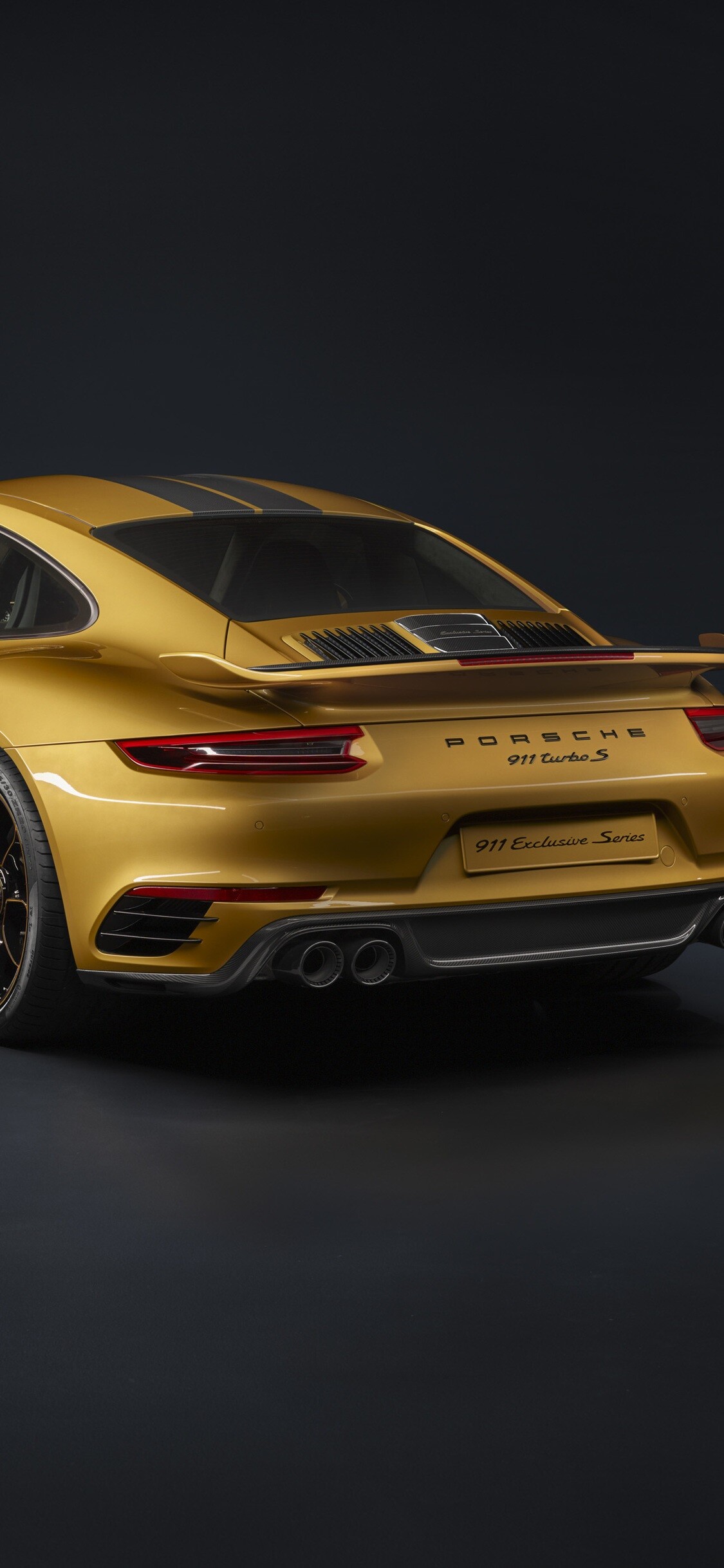 Porsche 911 Turbo S, Golden yellow metallic, Exclusive Series carbon stripes — 1125×2436 HD wallpaper