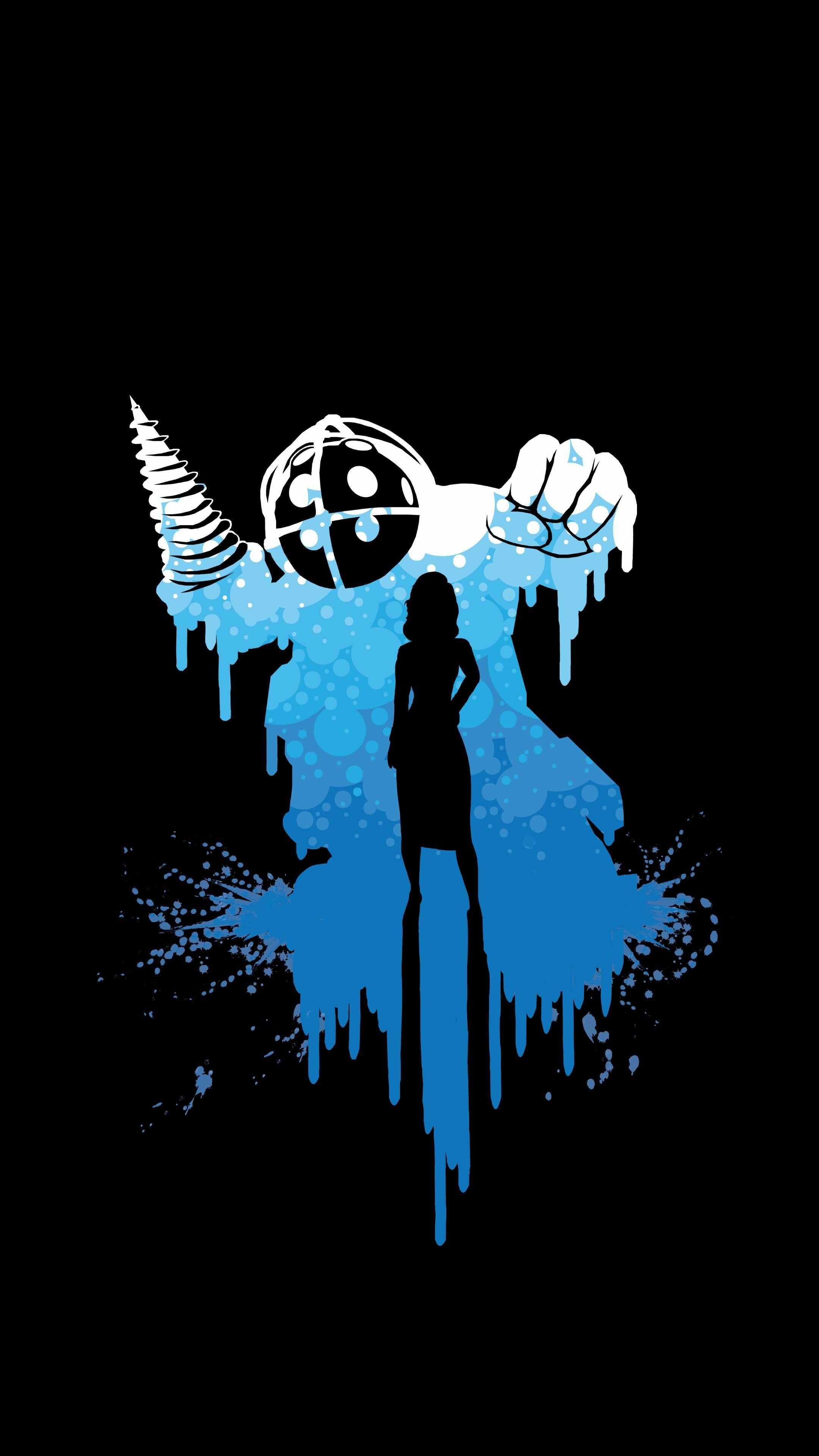 Big Daddy silhouette, Little Sister silhouette, Blue paint splatter Big Daddy silhouette, Little Sister silhouette, Blue paint splatter — 2160×3840 HD wallpaper