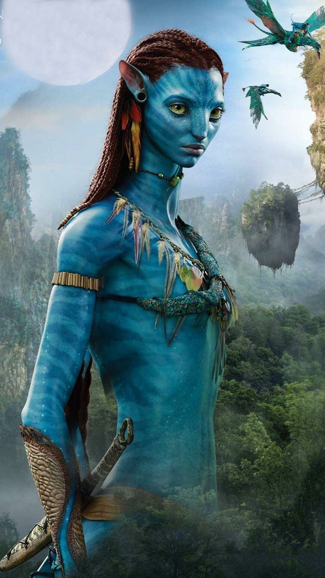 Neytiri, Floating Hallelujah mountains, Banshees in flight, Pandora moonlit sky — 1080×1920 HD wallpaper