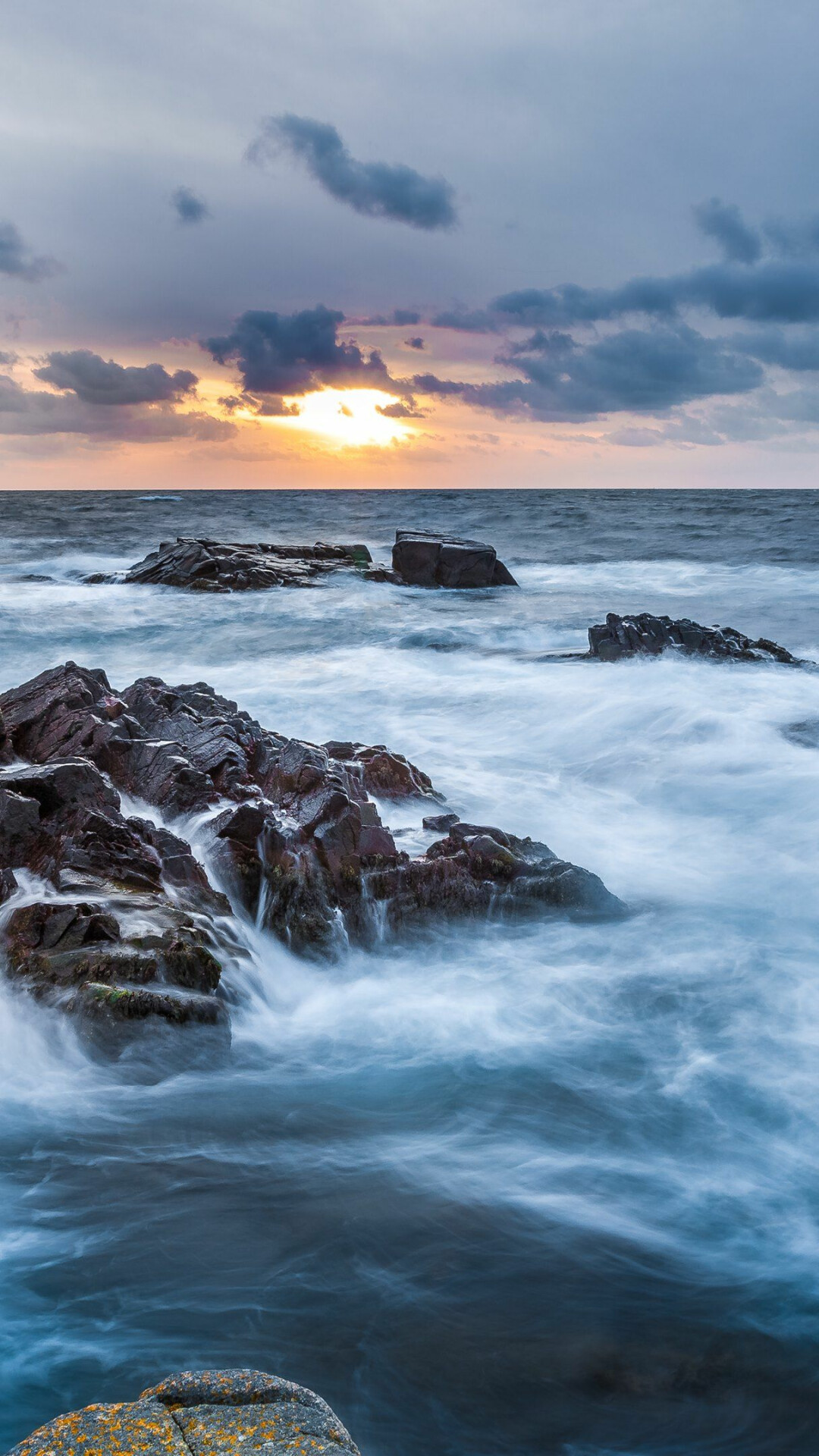 Rocky coastline sunset, Crashing ocean waves, Cloudy horizon seascape Rocky coastline sunset, Crashing ocean waves, Cloudy horizon seascape — 1080×1920 HD wallpaper
