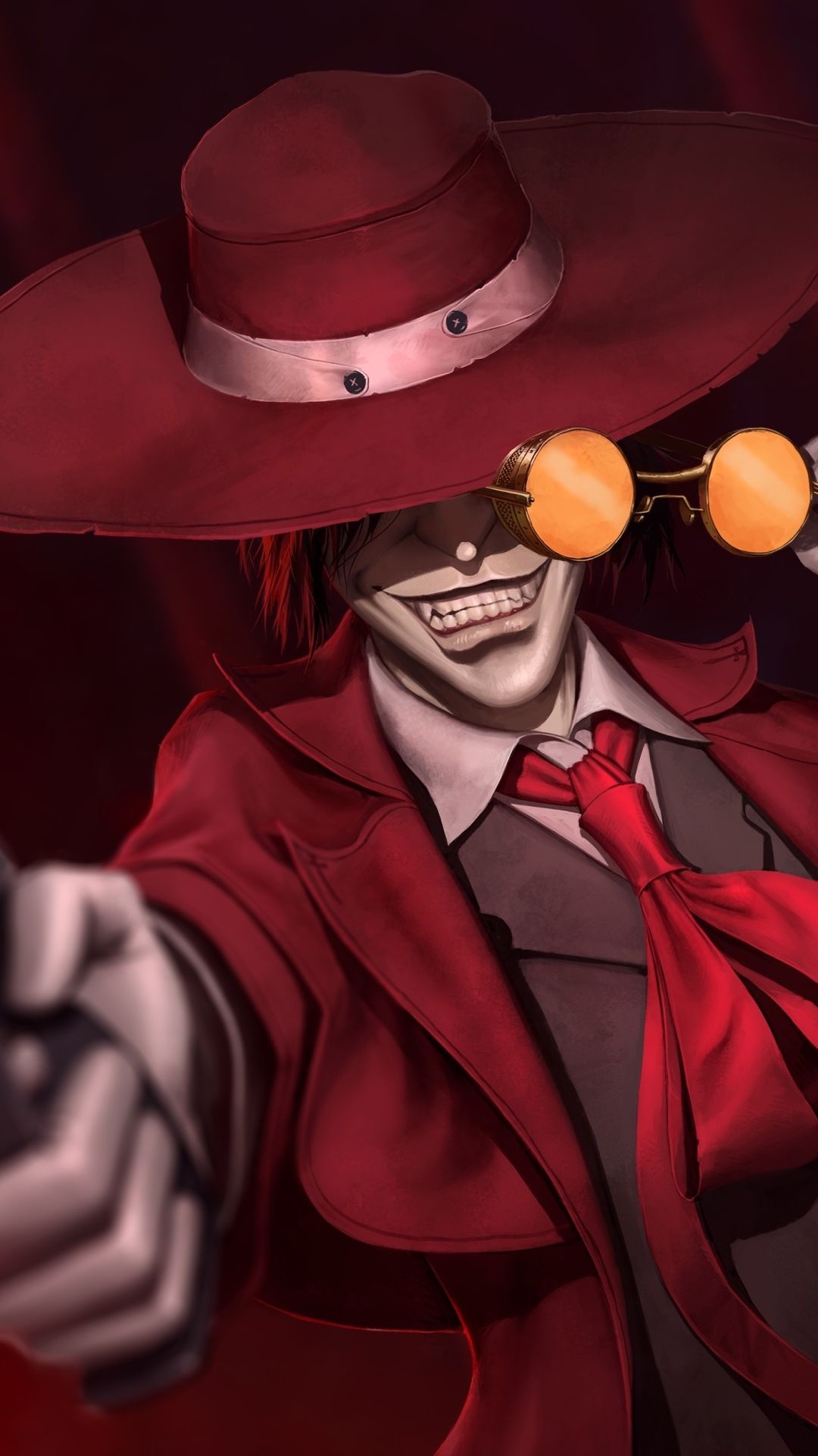 Alucard Hellsing, Orange round glasses, Red fedora coat Alucard Hellsing, Orange round glasses, Red fedora coat — 1080×1920 HD wallpaper