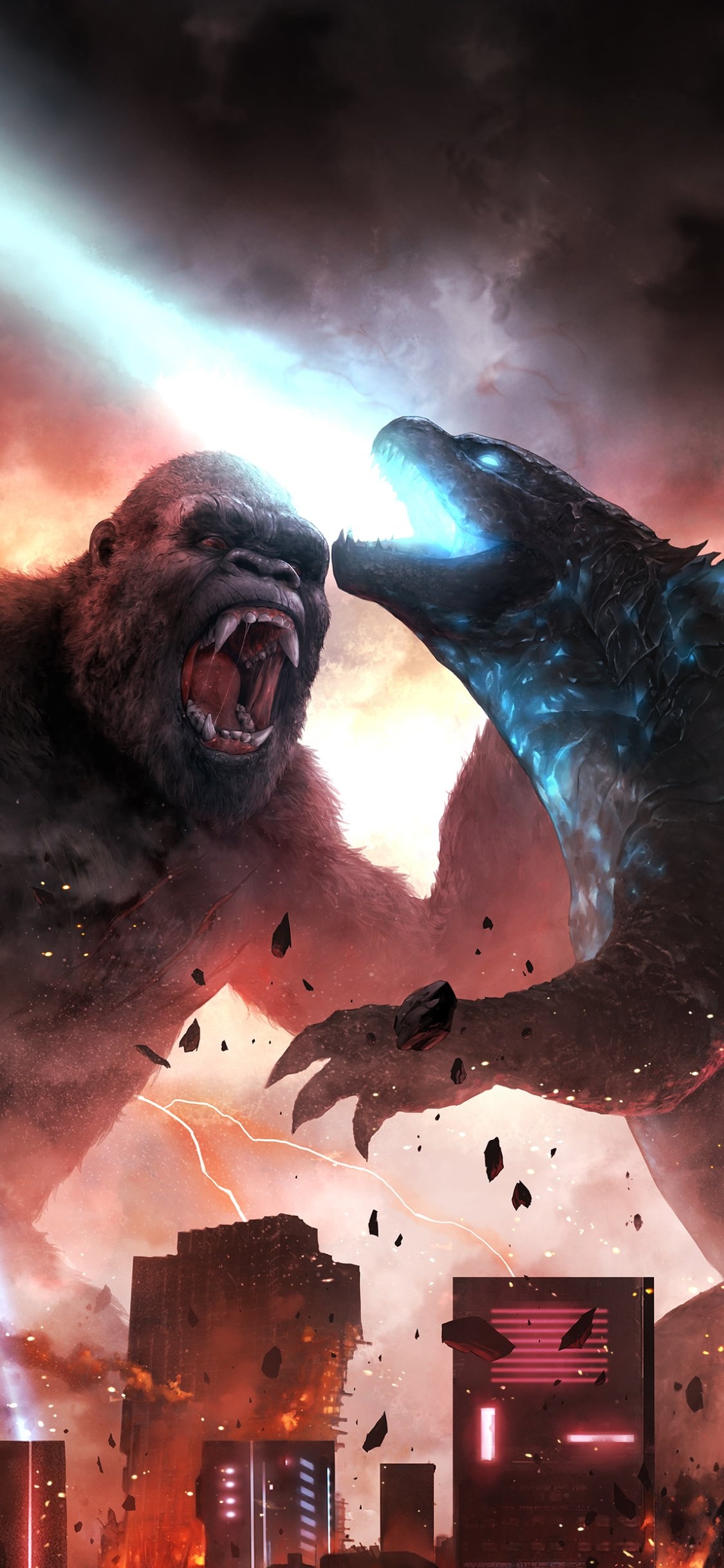 Godzilla atomic breath, King Kong roaring, Hong Kong skyline Godzilla atomic breath, King Kong roaring, Hong Kong skyline — 1125×2436 HD wallpaper