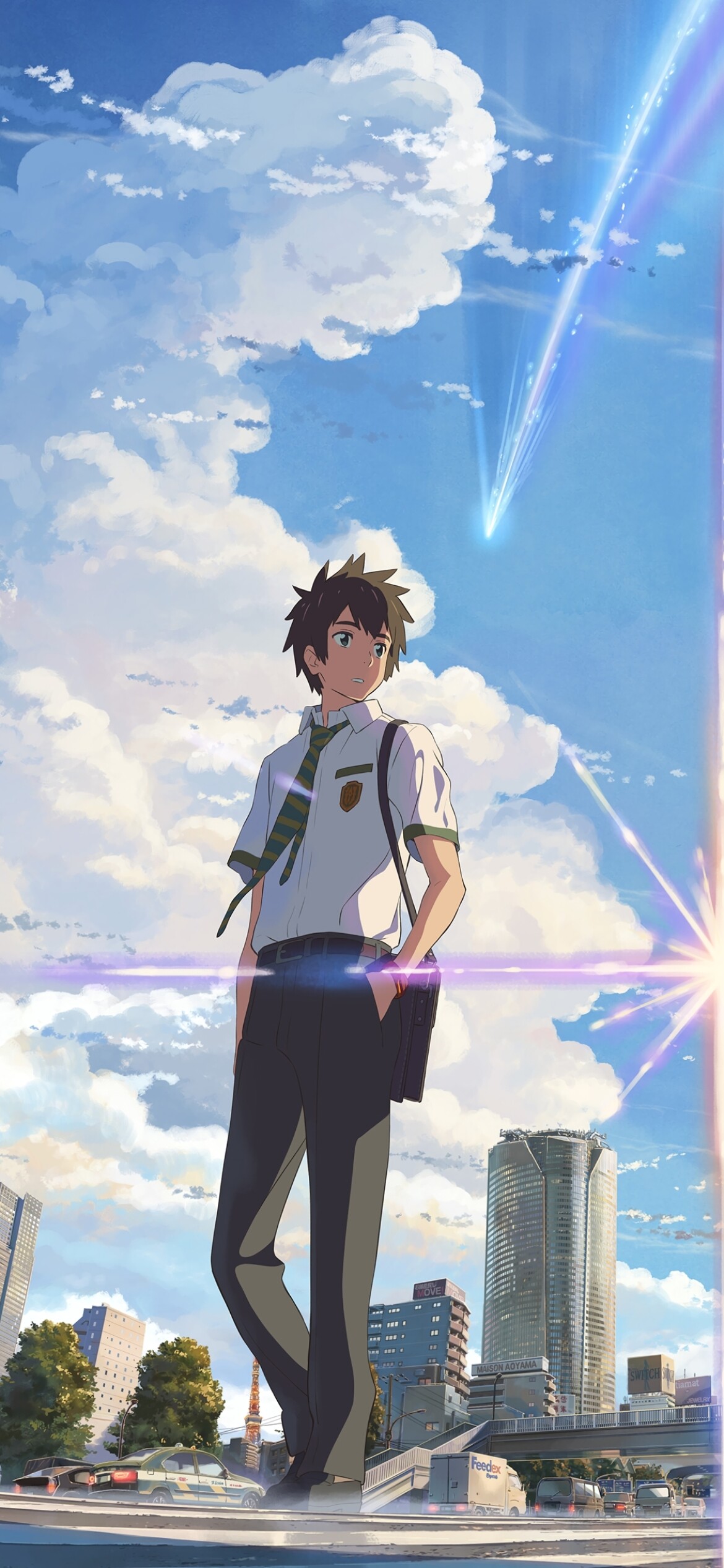 Taki Tachibana school uniform, Comet Tiamat trail, Tokyo daytime skyline Taki Tachibana school uniform, Comet Tiamat trail, Tokyo daytime skyline — 1170×2532 HD wallpaper