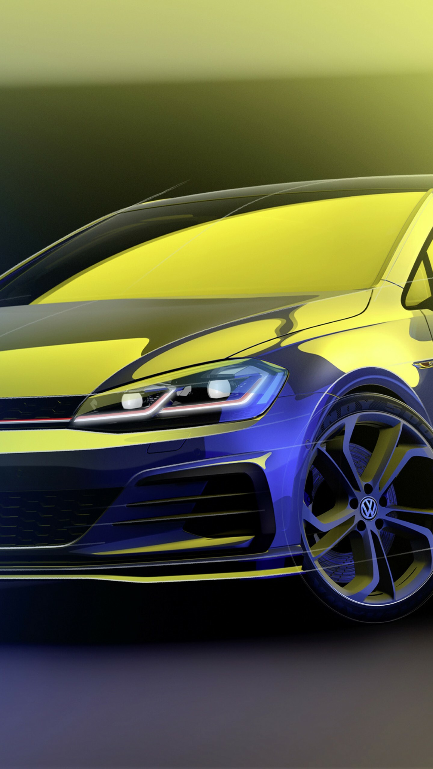Volkswagen Golf GTI, Concept sketch rendering, Yellow blue two-tone Volkswagen Golf GTI, Concept sketch rendering, Yellow blue two-tone — 1440×2560 HD wallpaper