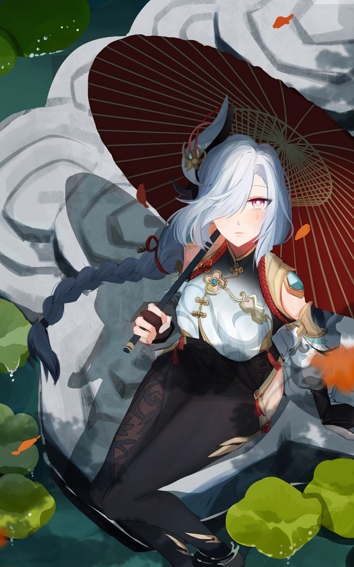 Shenhe, Red oil-paper umbrella, Lotus pond koi Shenhe, Red oil-paper umbrella, Lotus pond koi — 1200×1920 HD wallpaper