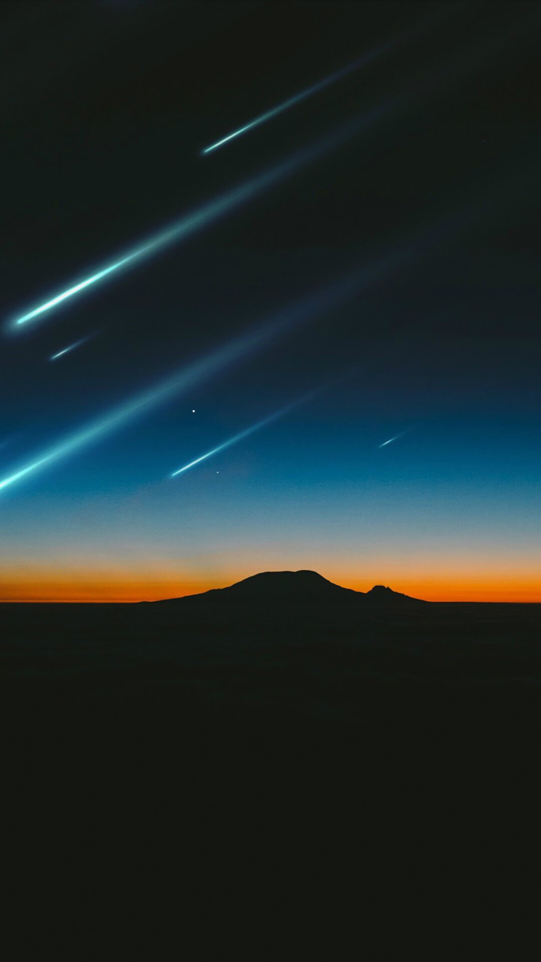 Meteor shower streaks, Silhouetted mountain horizon, Orange twilight sky — 1080×1920 HD wallpaper