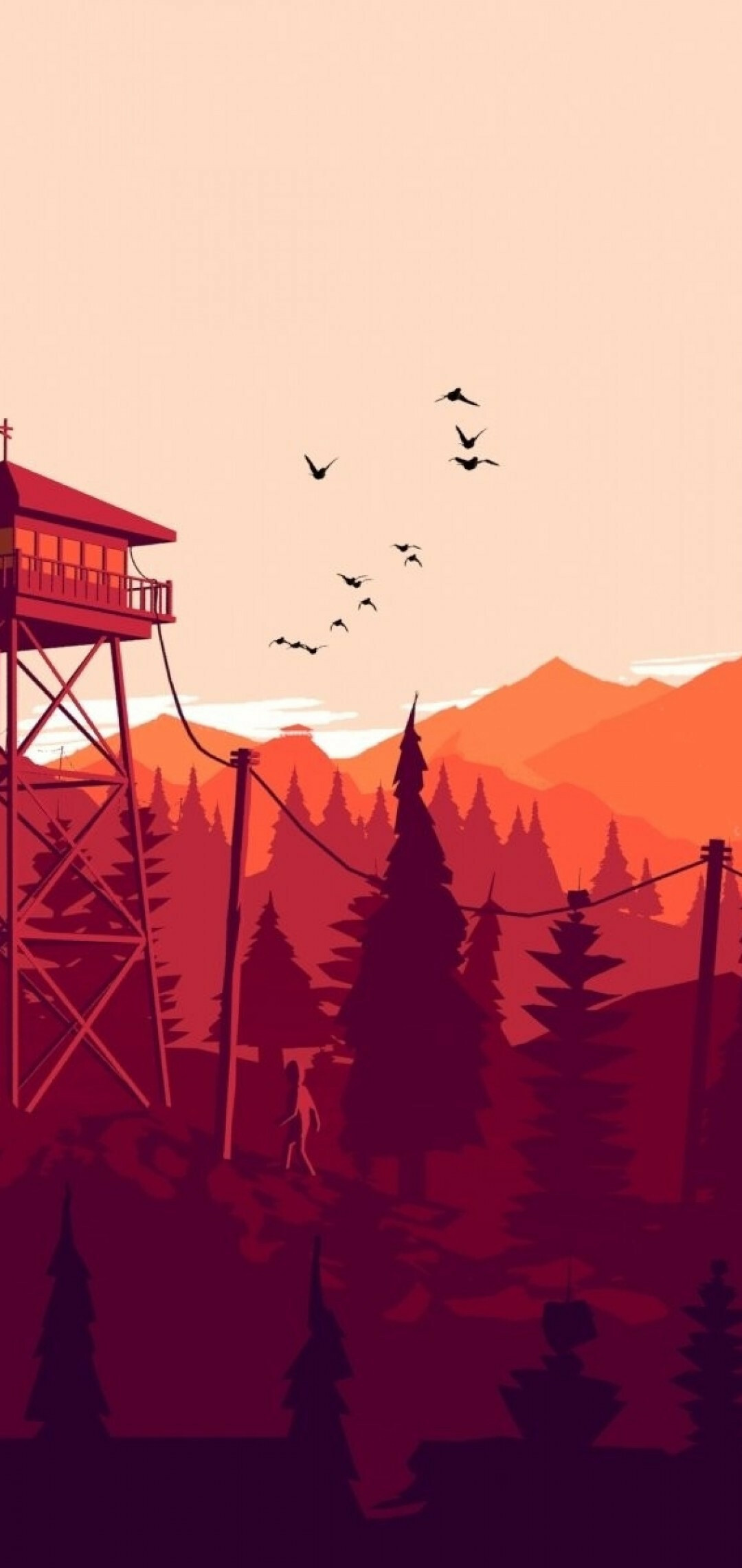 Fire lookout tower, Flock of birds silhouette, Hiker on forest trail Fire lookout tower, Flock of birds silhouette, Hiker on forest trail — 1080×2280 HD wallpaper