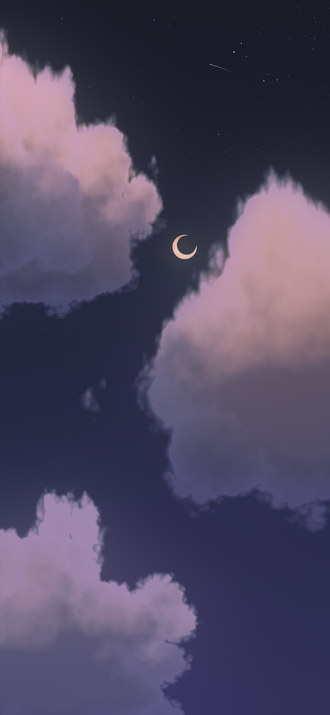 Crescent moon, Shooting star, Purple cumulus clouds Crescent moon, Shooting star, Purple cumulus clouds — 1125×2436 HD wallpaper
