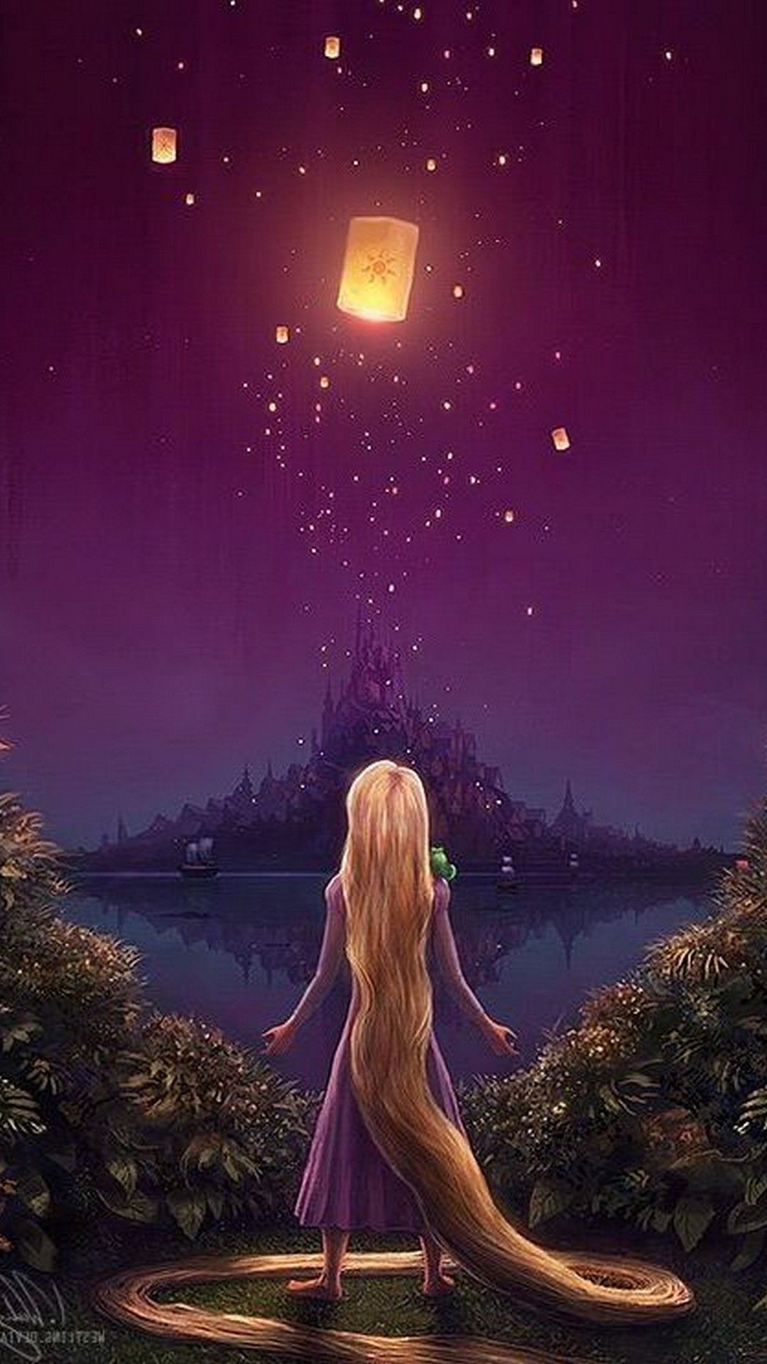 Rapunzel, Floating sky lanterns, Corona castle silhouette, Purple night sky Rapunzel, Floating sky lanterns, Corona castle silhouette, Purple night sky — 1080×1920 HD wallpaper