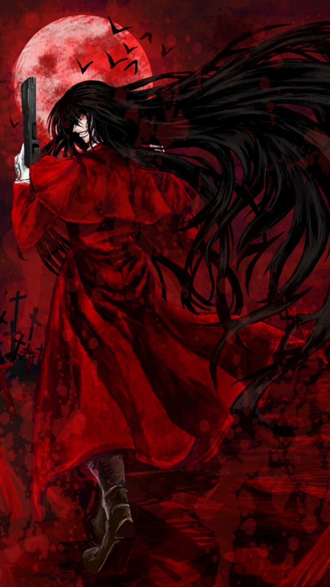 Alucard Hellsing, Blood moon bats, Graveyard crosses silhouette — 1080×1920 HD wallpaper