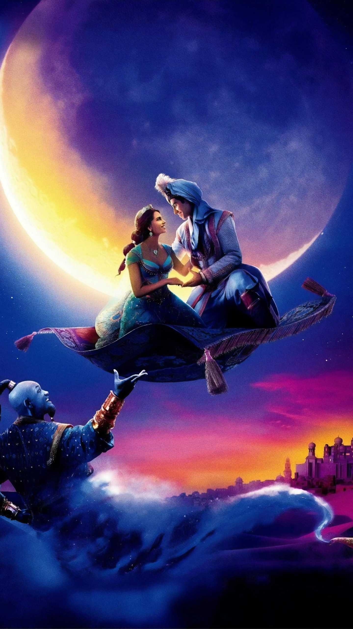 Aladdin and Jasmine, Genie, Magic carpet ride, Agrabah at sunset Aladdin and Jasmine, Genie, Magic carpet ride, Agrabah at sunset — 1439×2560 HD wallpaper