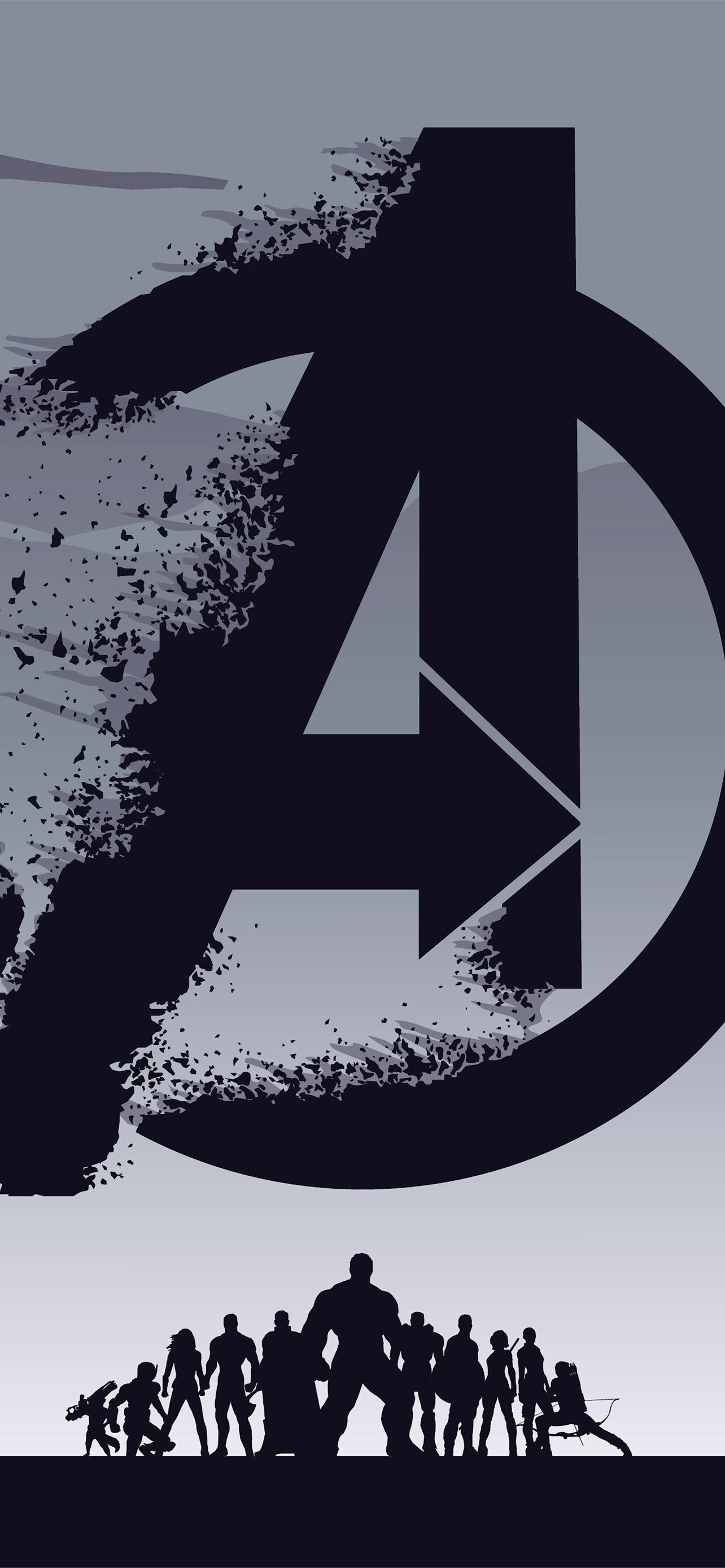 Avengers logo, Team silhouettes, Dust disintegration effect Avengers logo, Team silhouettes, Dust disintegration effect — 1284×2778 HD wallpaper