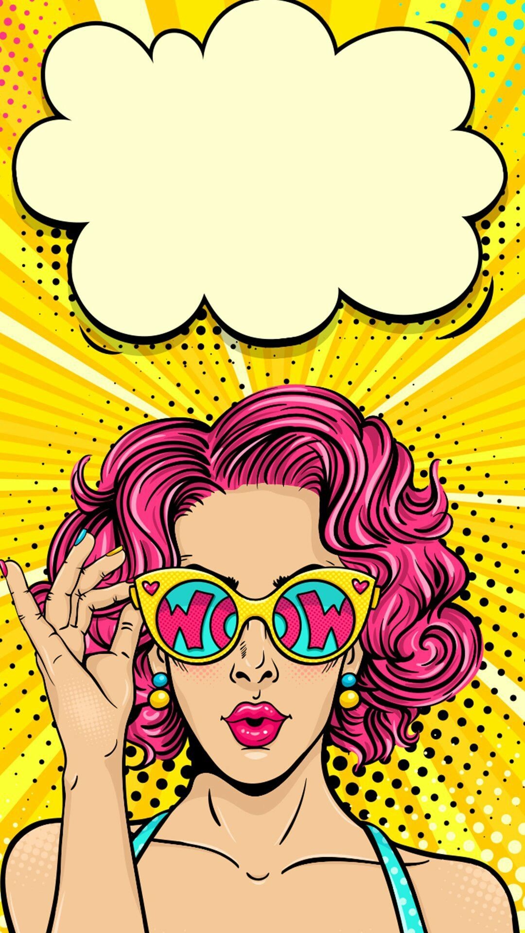 Pink-haired woman WOW sunglasses, Empty speech bubble, Yellow halftone sunburst Pink-haired woman WOW sunglasses, Empty speech bubble, Yellow halftone sunburst — 1080×1920 HD wallpaper