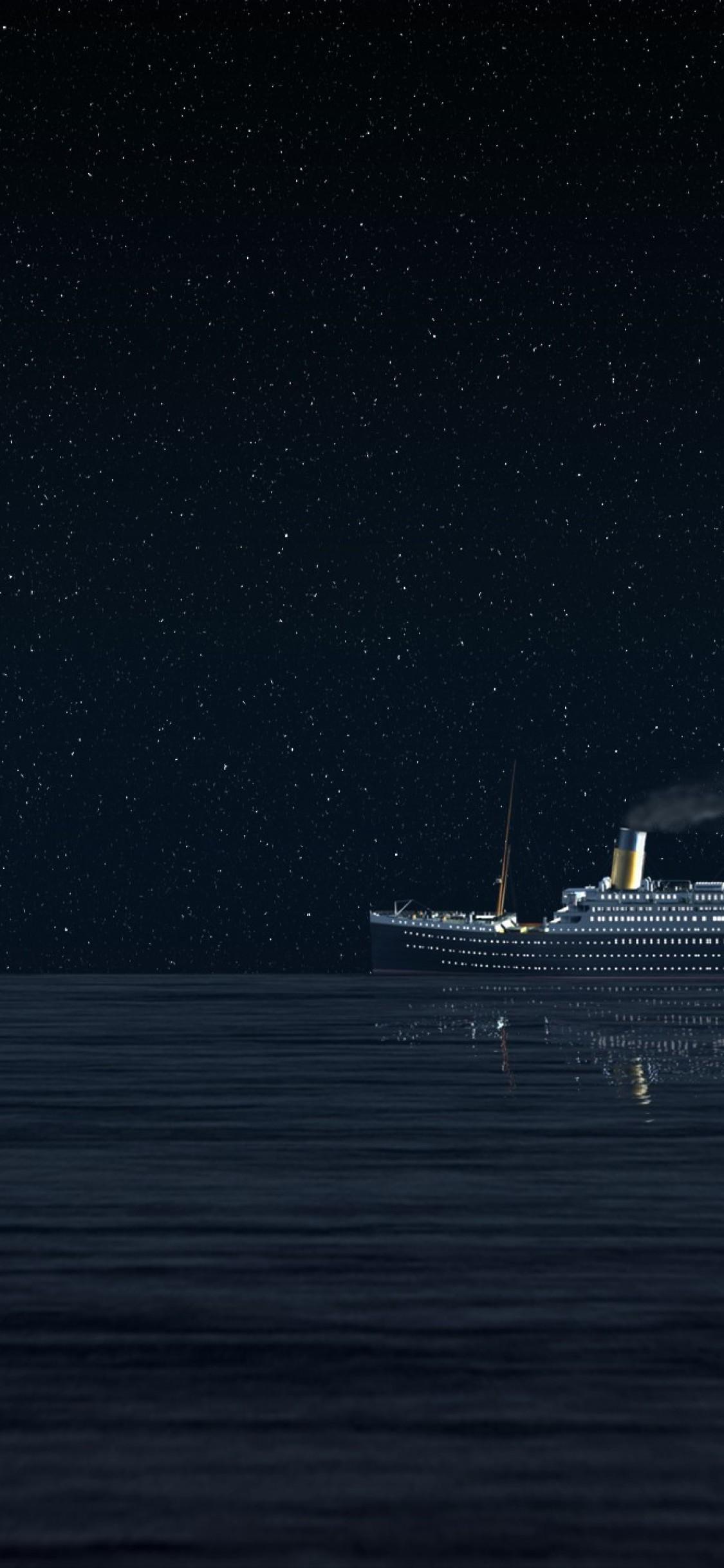 RMS Titanic ship, Starry night sky, Calm dark ocean RMS Titanic ship, Starry night sky, Calm dark ocean — 1125×2436 HD wallpaper