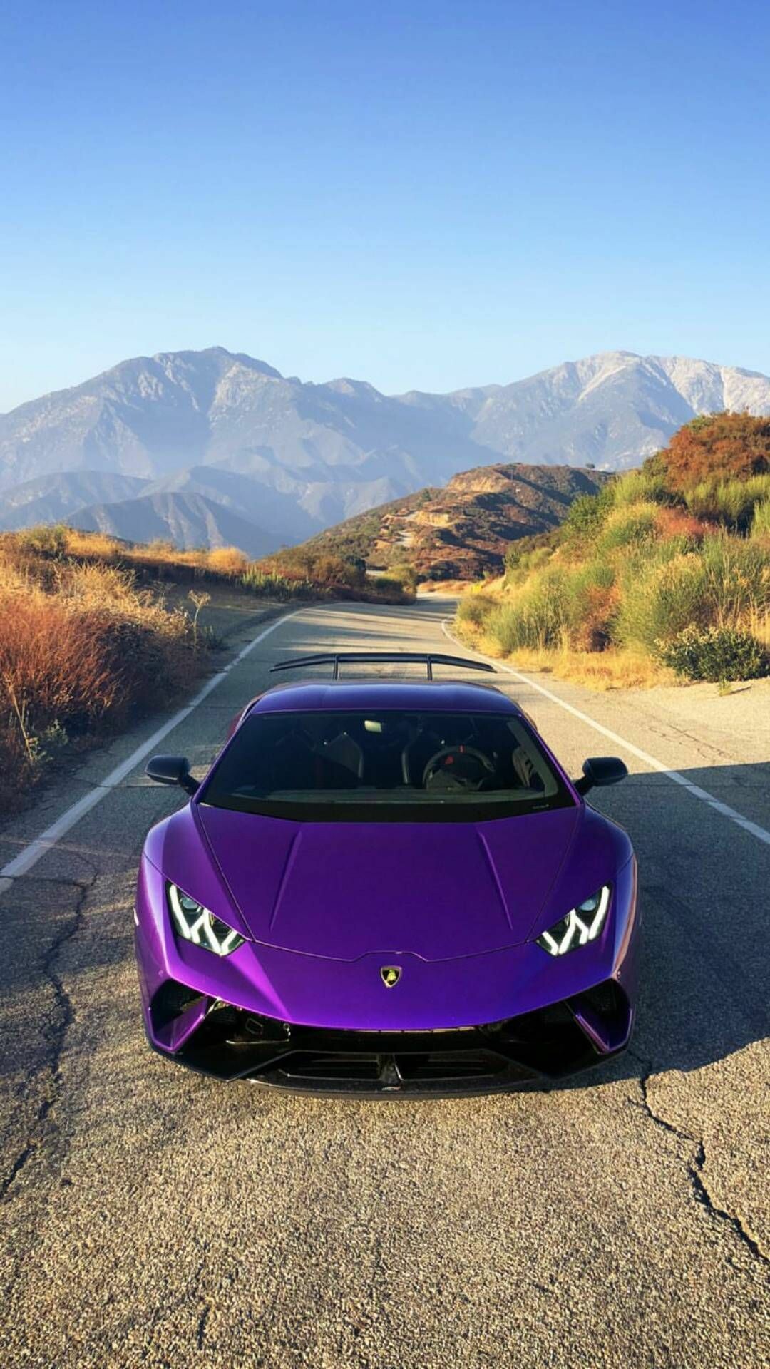 Purple Huracan Performante, Front view mountain road, Y-shaped LED headlights Purple Huracan Performante, Front view mountain road, Y-shaped LED headlights — 1080×1920 HD wallpaper