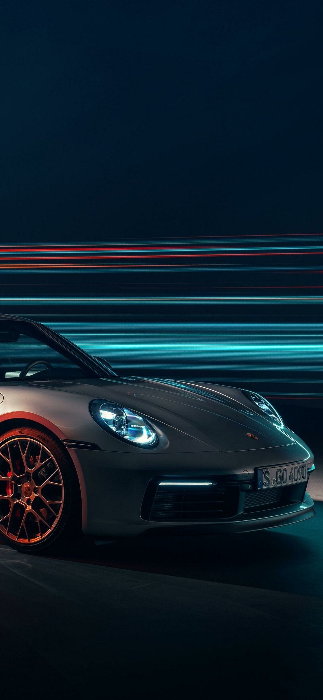 Porsche 911 Carrera, Grey with orange wheels, Neon light trails Porsche 911 Carrera, Grey with orange wheels, Neon light trails — 1125×2436 HD wallpaper