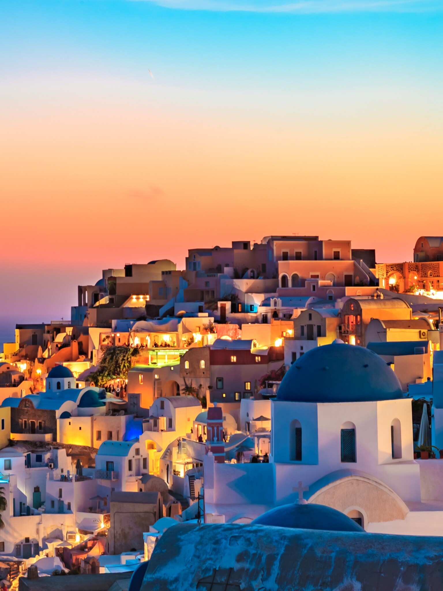 Oia Santorini village, Blue-domed church, Sunset gradient sky Oia Santorini village, Blue-domed church, Sunset gradient sky — 1536×2048 HD wallpaper