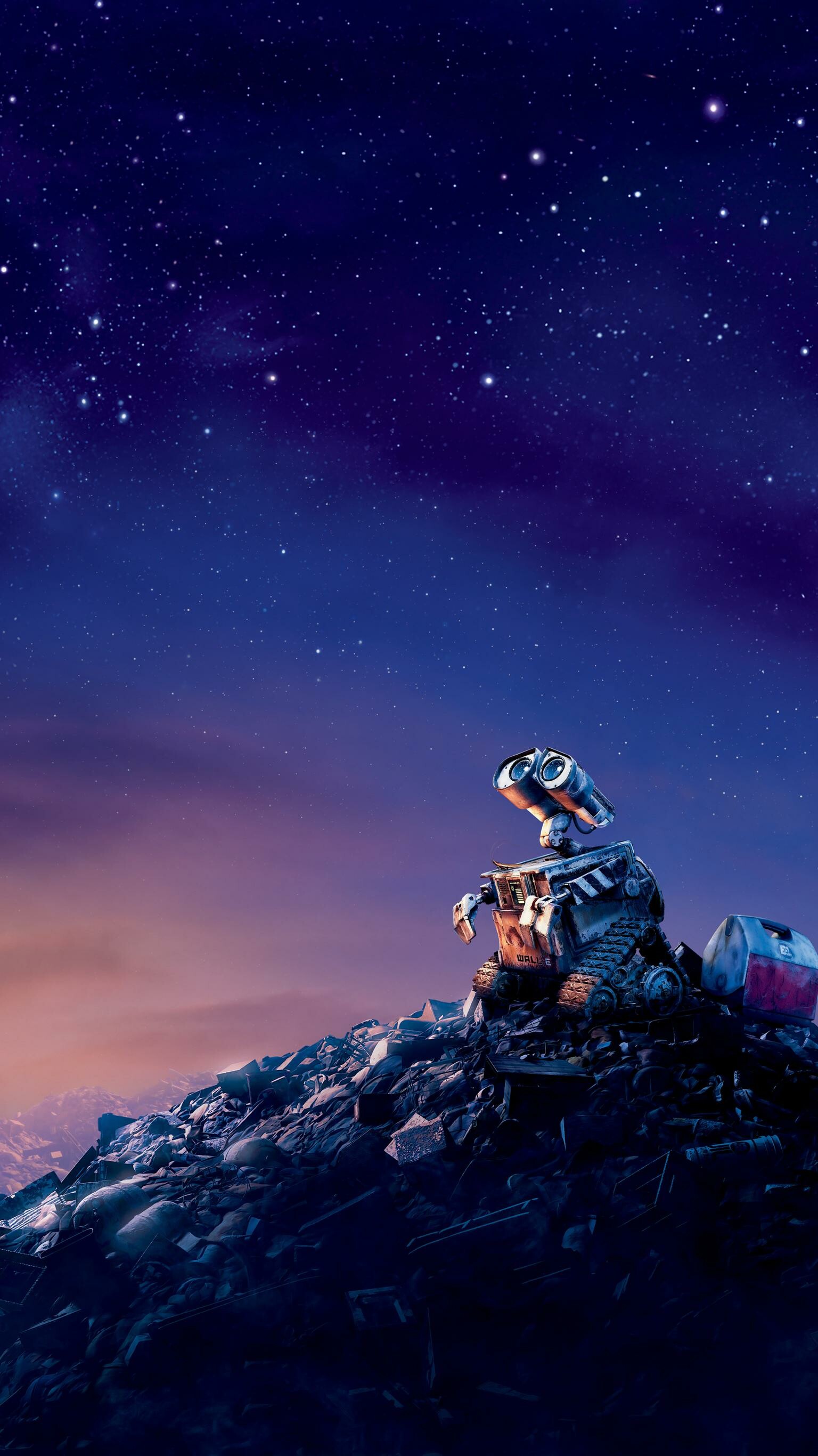 WALL-E robot, Garbage mountain summit, Starry night sky, Sunset horizon glow WALL-E robot, Garbage mountain summit, Starry night sky, Sunset horizon glow — 1536×2732 HD wallpaper