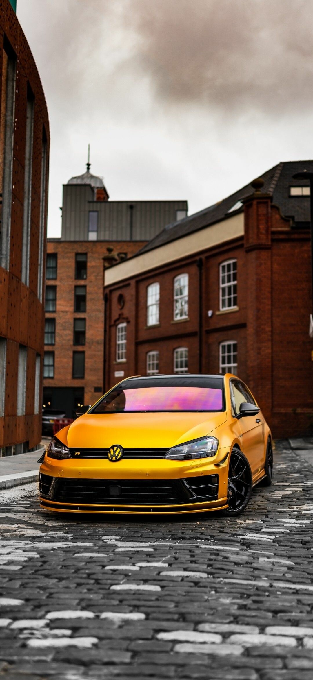 Volkswagen Golf R Mk7, Yellow hatchback, Cobblestone brick alley Volkswagen Golf R Mk7, Yellow hatchback, Cobblestone brick alley — 1080×2340 HD wallpaper