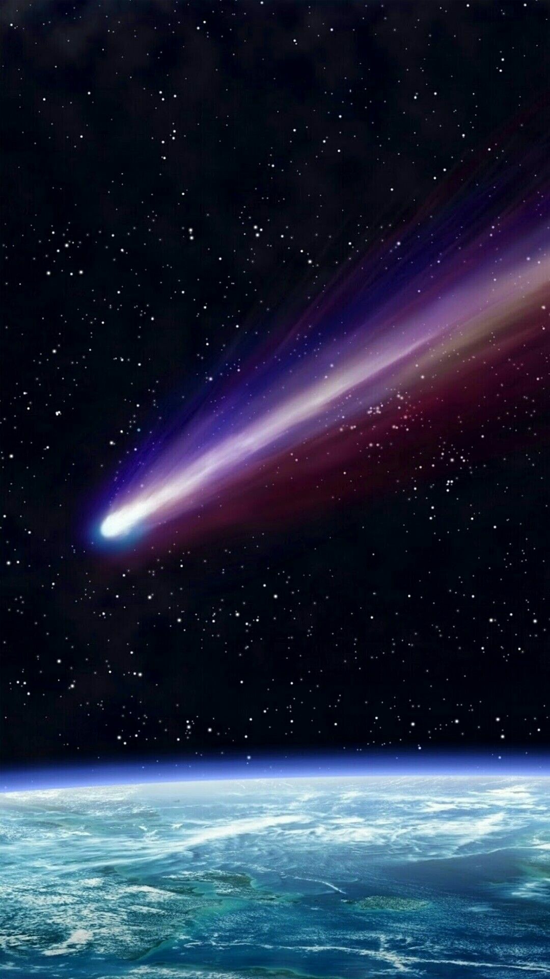 Comet purple tail, Earth horizon curvature, Starfield space Comet purple tail, Earth horizon curvature, Starfield space — 1080×1920 HD wallpaper