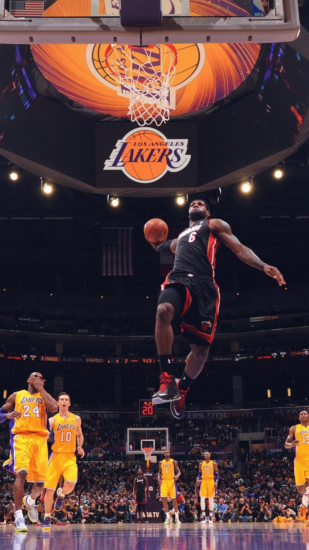 LeBron James dunking, Miami Heat #6 jersey, Staples Center arena, Kobe Bryant #24 — 1080×1920 HD wallpaper