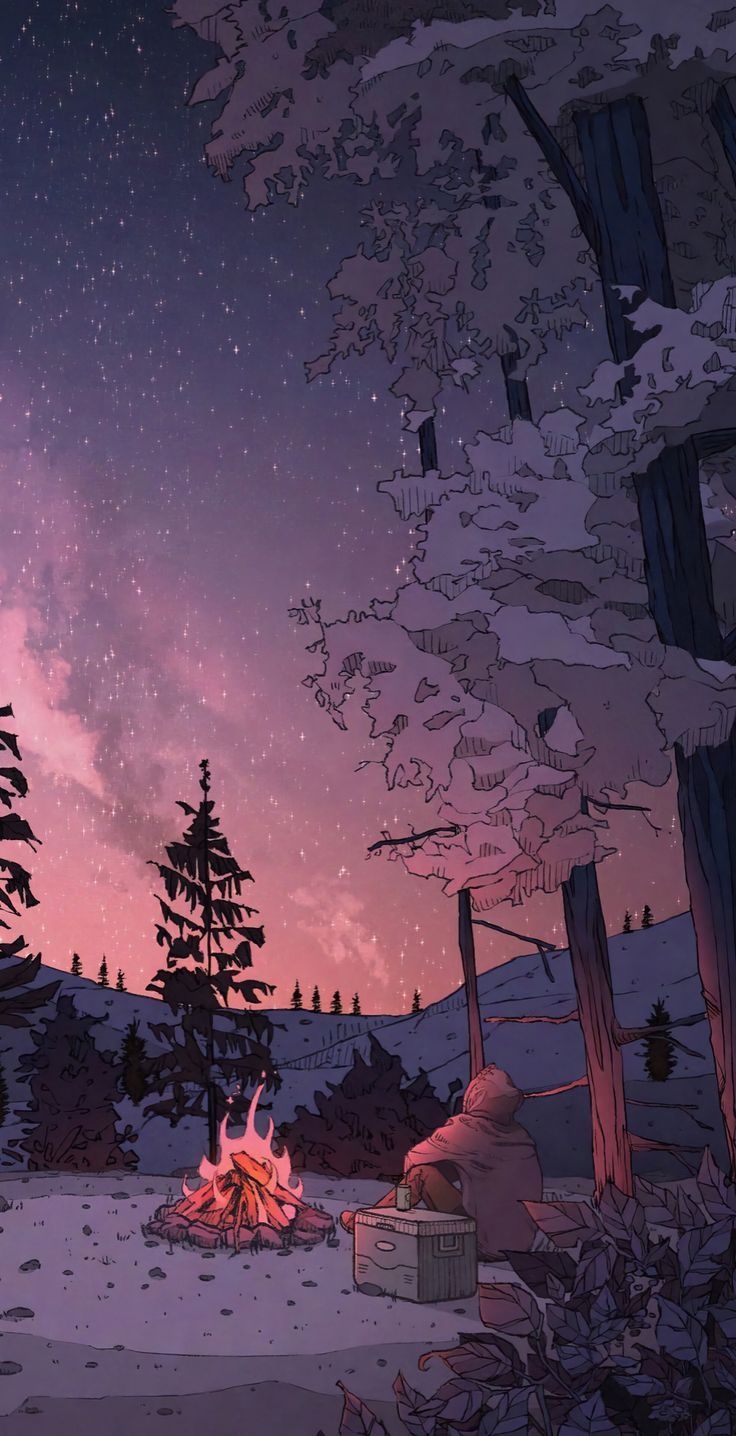 Hooded figure by campfire, Snowy pine forest, Starry night sky Hooded figure by campfire, Snowy pine forest, Starry night sky — 740×1440 HD wallpaper